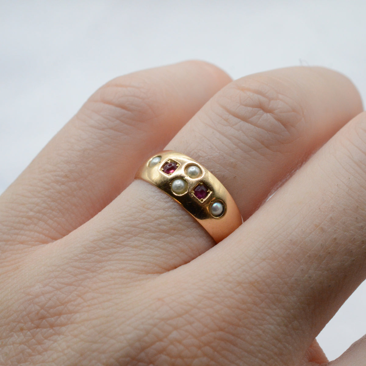 Antique Victorian 1889 15ct Gold Ruby & Pearl Ring