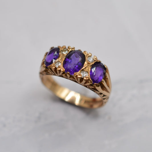1970s Chunky Vintage 9ct Gold Amethyst & Diamond Gypsy Ring