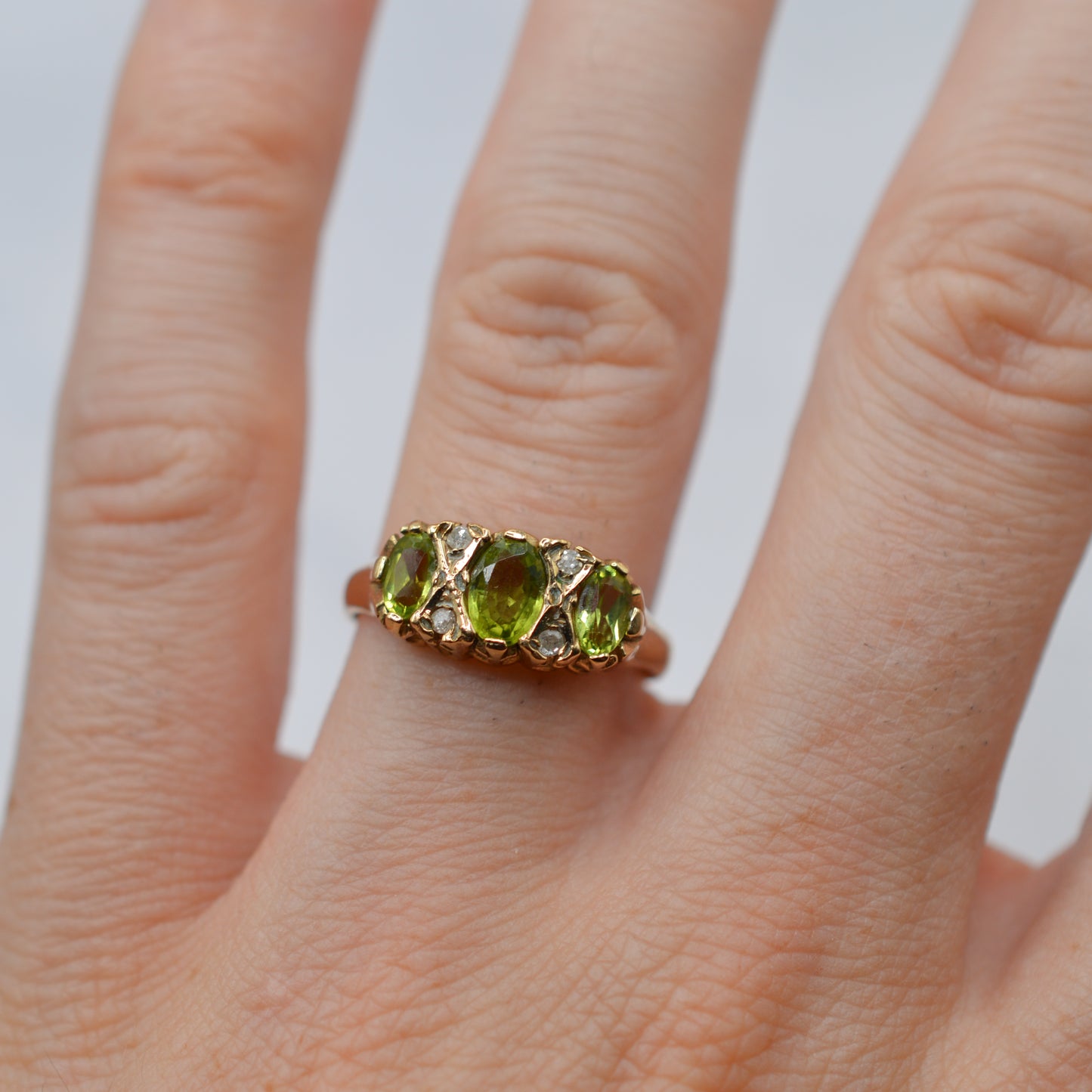 1990s 9ct Gold Peridot & Diamond Ring