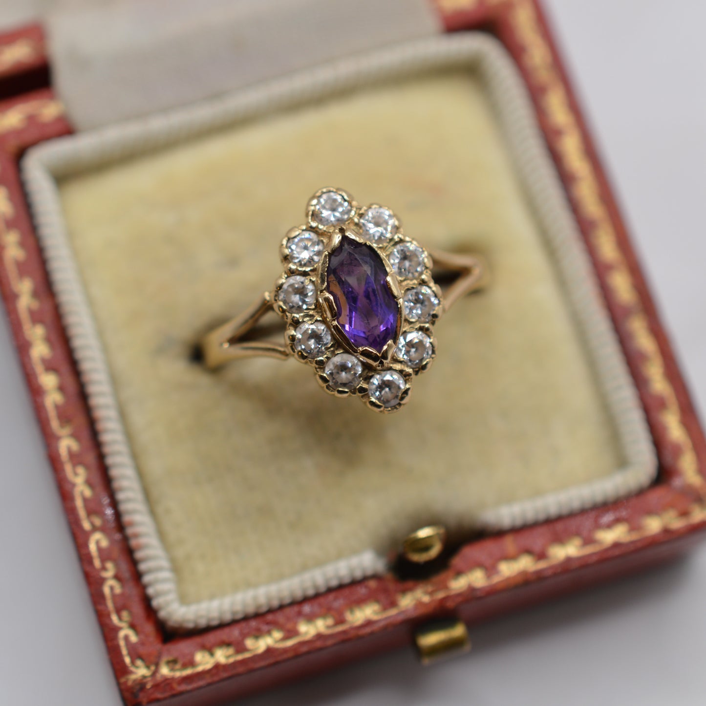 1990s Vintage 9ct Gold Amethyst & CZ Cluster Cocktail Ring