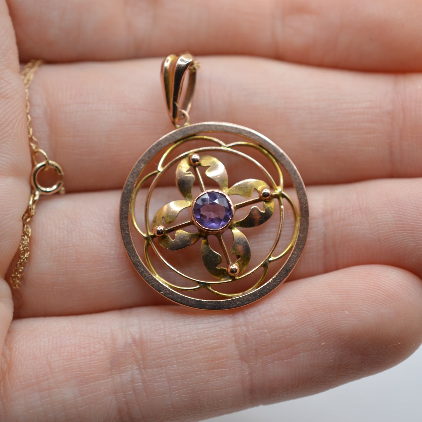 Antique Edwardian Art Nouveau 9ct Gold Amethyst Pendant Necklace