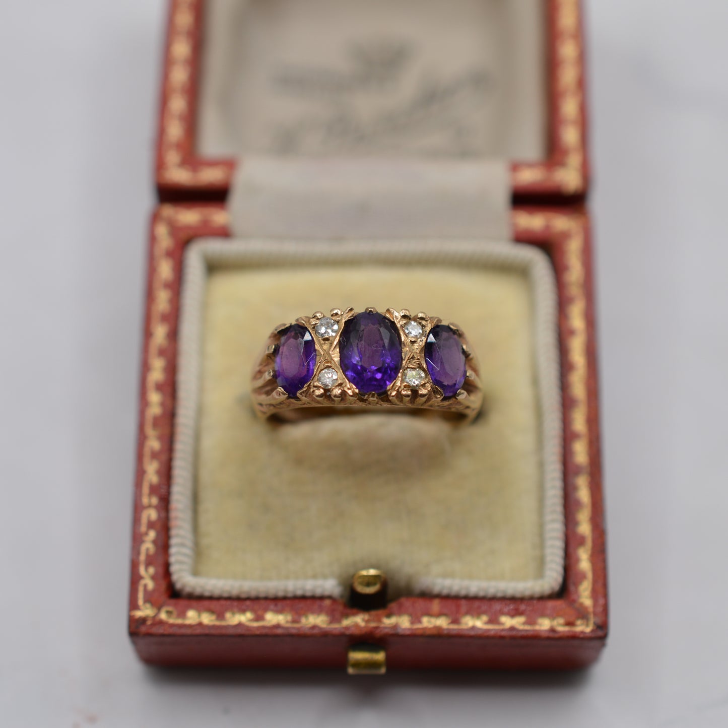 1970s Chunky Vintage 9ct Gold Amethyst & Diamond Gypsy Ring