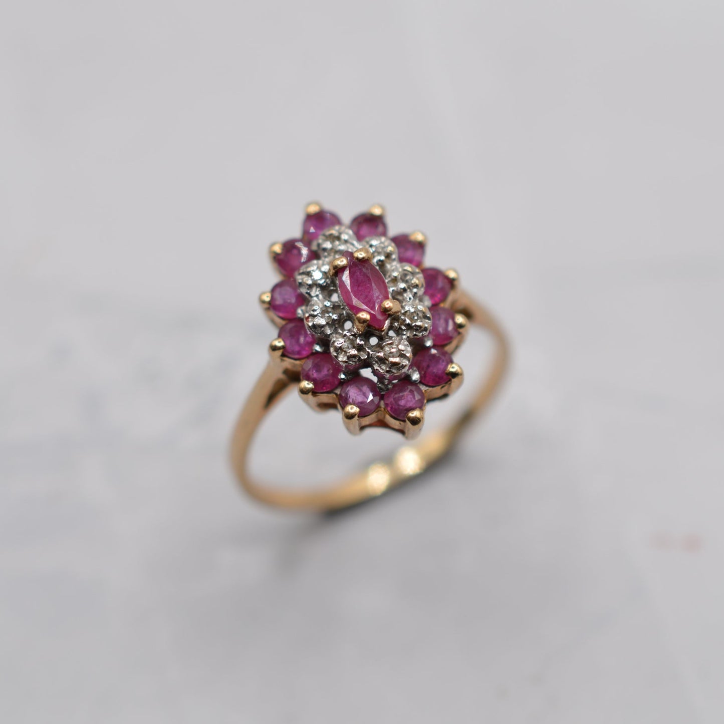1980s 9ct Gold Ruby & Diamond Marquise Cluster Ring