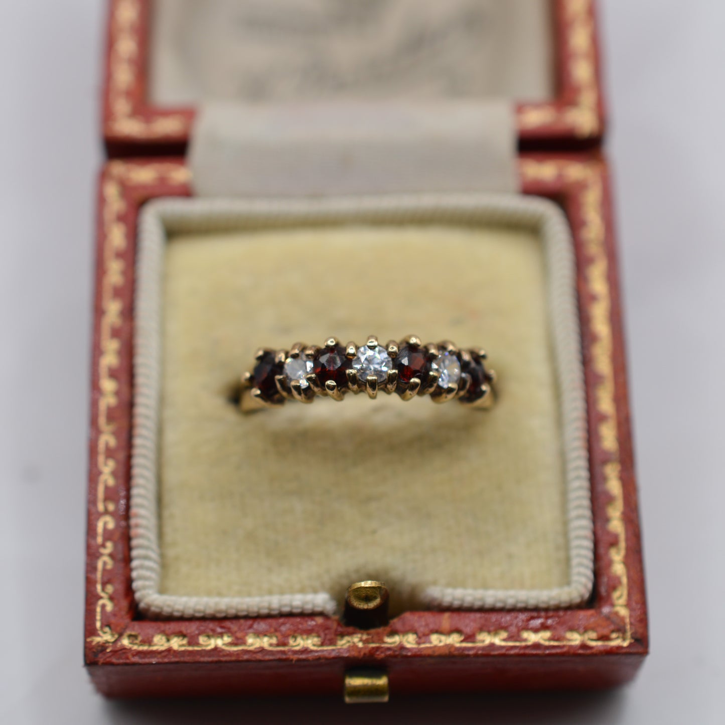 1980s Vintage 9ct Gold Garnet & CZ Half-Eternity Ring