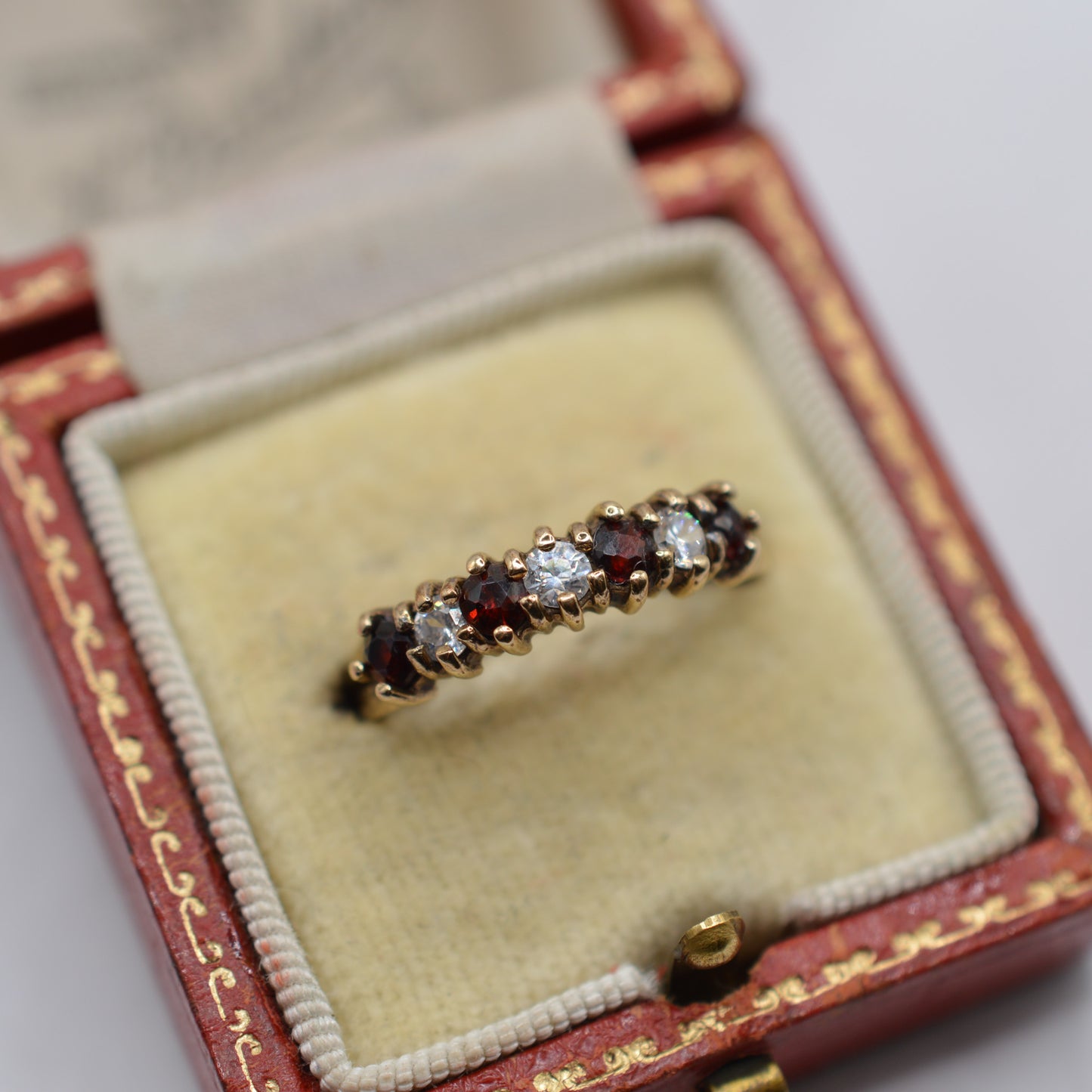 1980s Vintage 9ct Gold Garnet & CZ Half-Eternity Ring