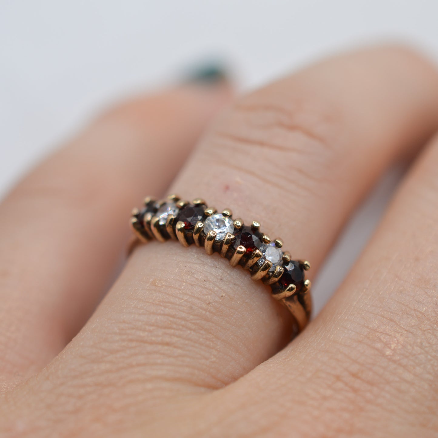 1980s Vintage 9ct Gold Garnet & CZ Half-Eternity Ring