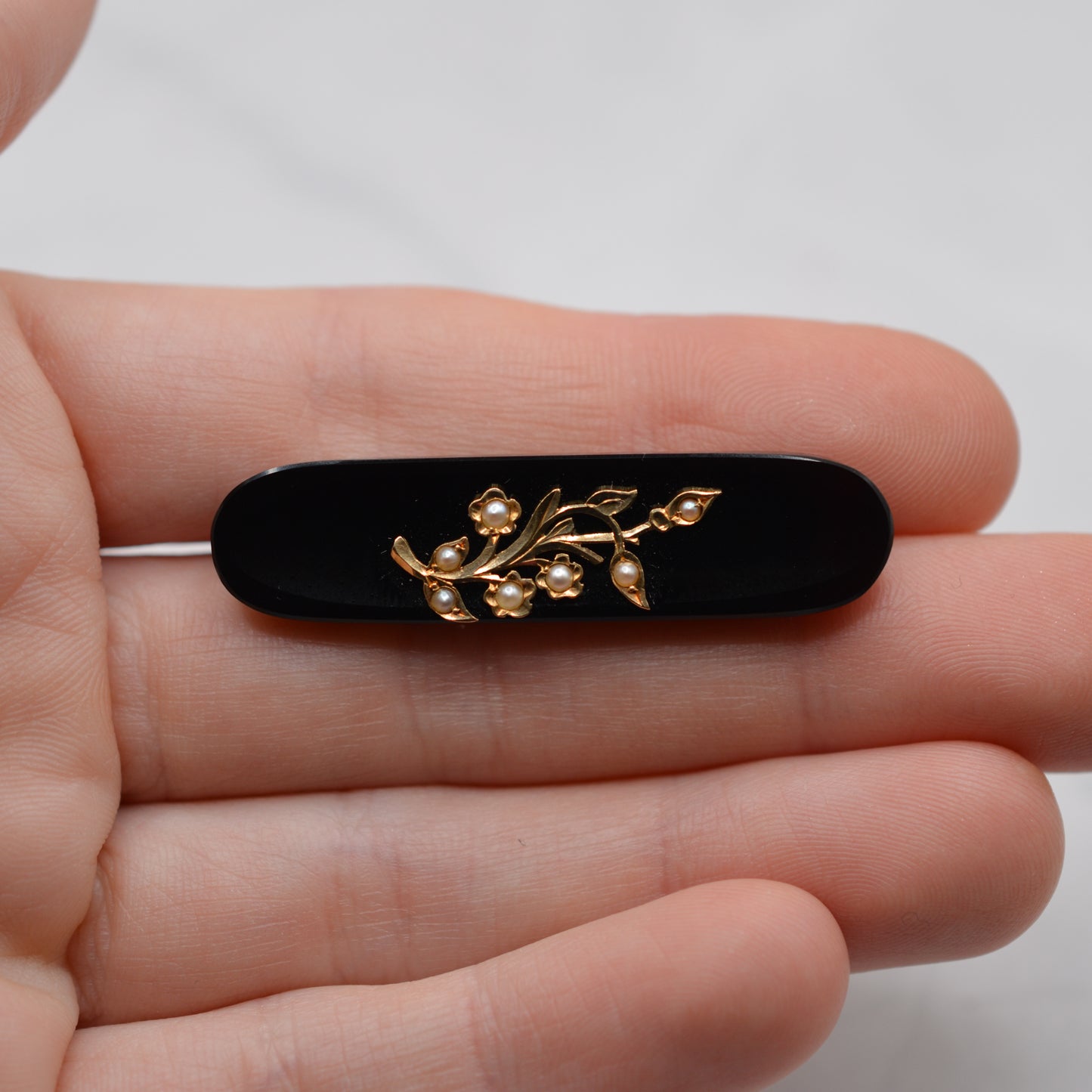 Mid-Century Black Mourning-Style Brooch with Pearl Floral Motif