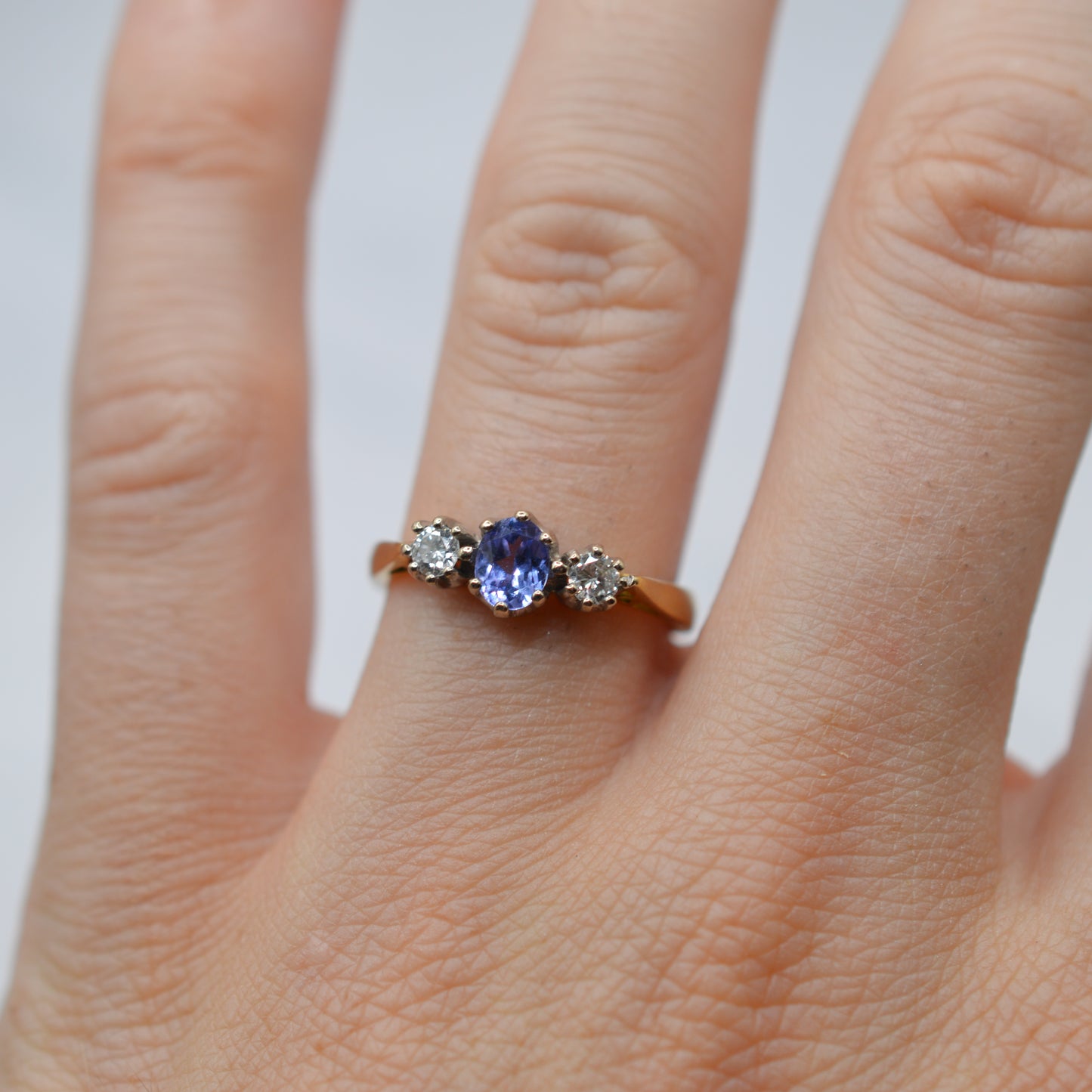 1990s 18ct Gold Tanzanite & Diamond Trilogy Ring