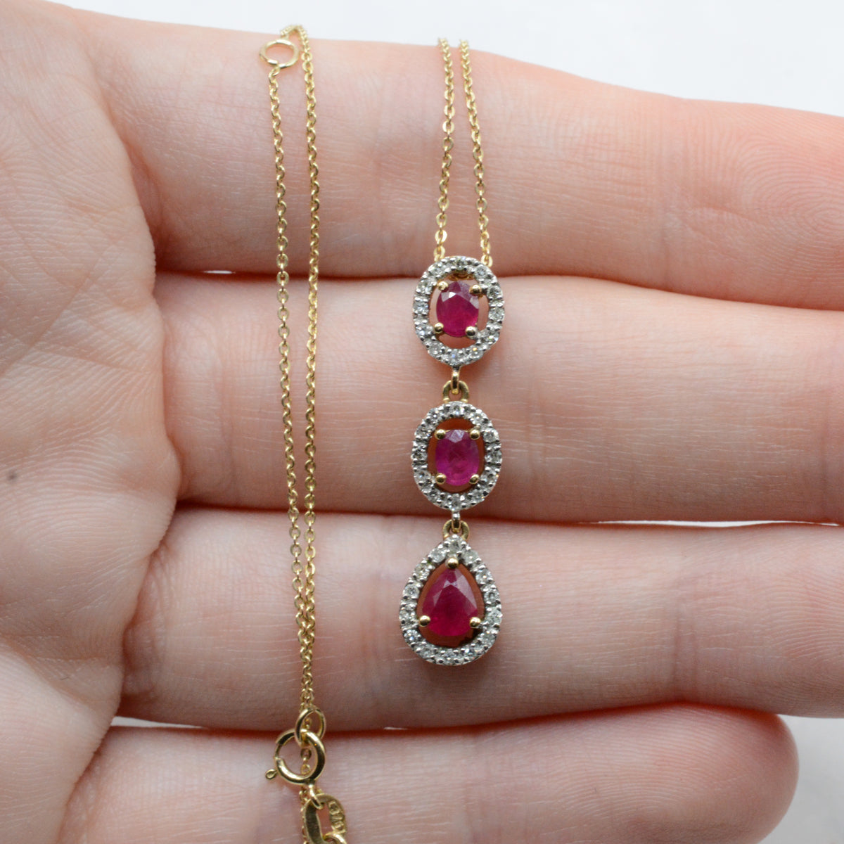 9ct Gold Ruby & Diamond Triple Cluster Pendant Necklace (16”-18”)
