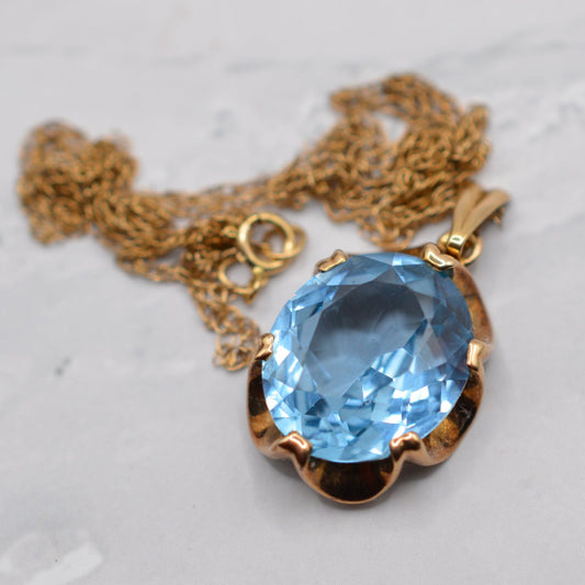 1970s Vintage 9ct Gold 4.46ct Blue Topaz Pendant Necklace in Buttercup Setting (18”)