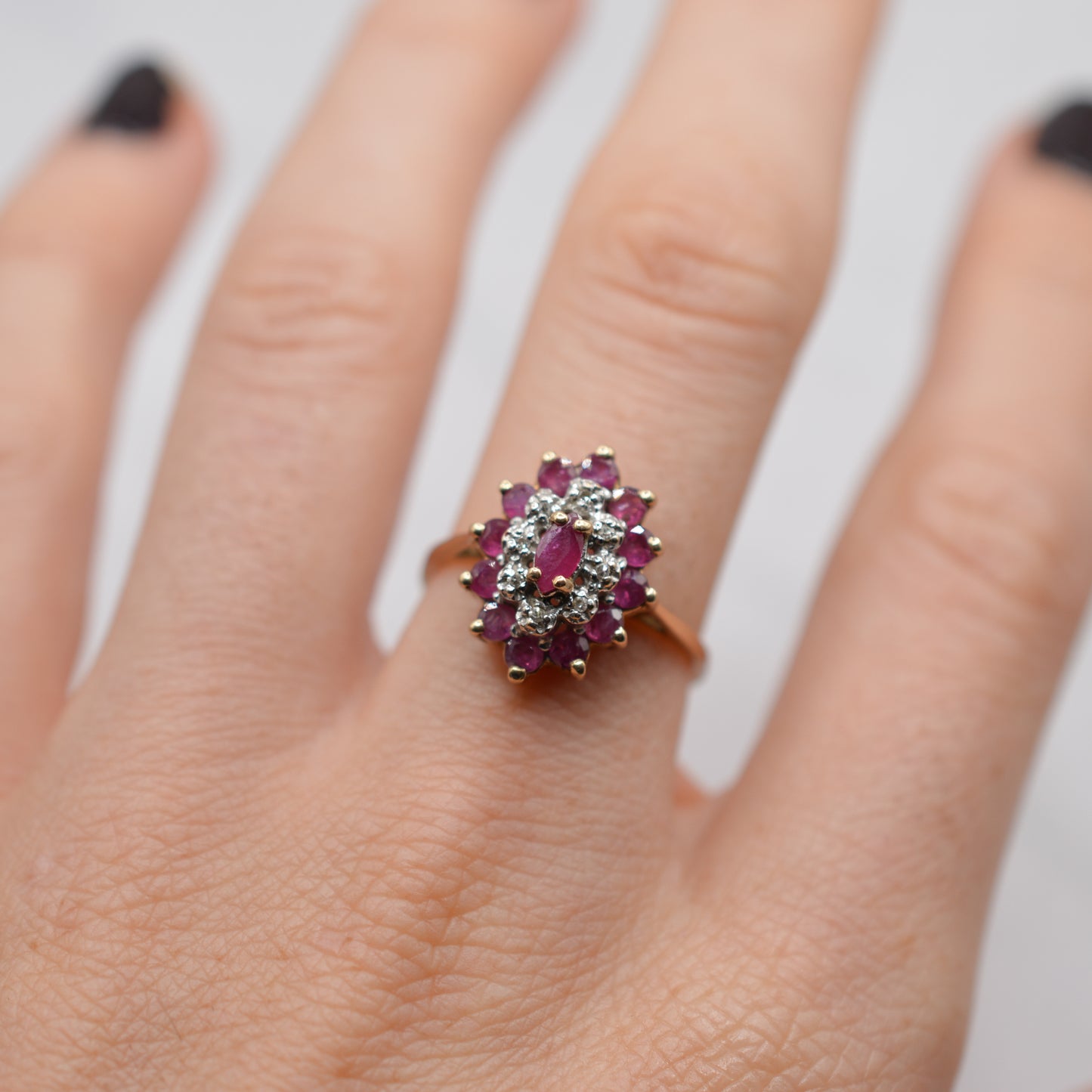 1980s 9ct Gold Ruby & Diamond Marquise Cluster Ring