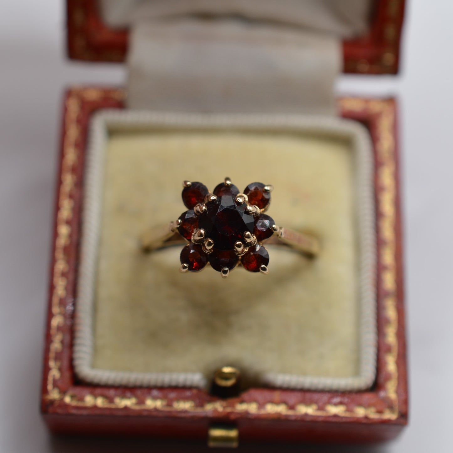 1970s Vintage 9ct Gold Garnet Square Cluster Ring