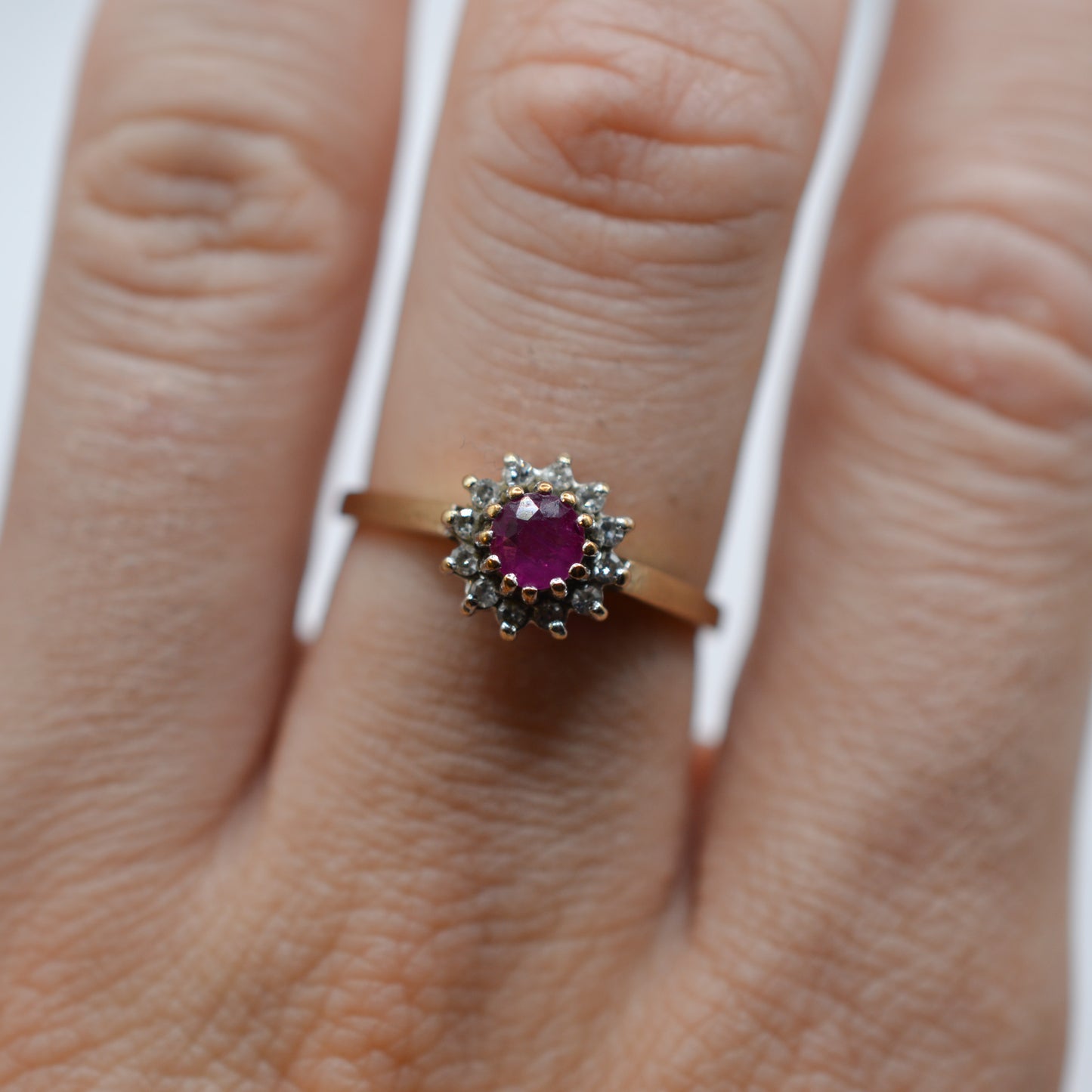 1990s 9ct Gold Ruby & Diamond Cluster Ring