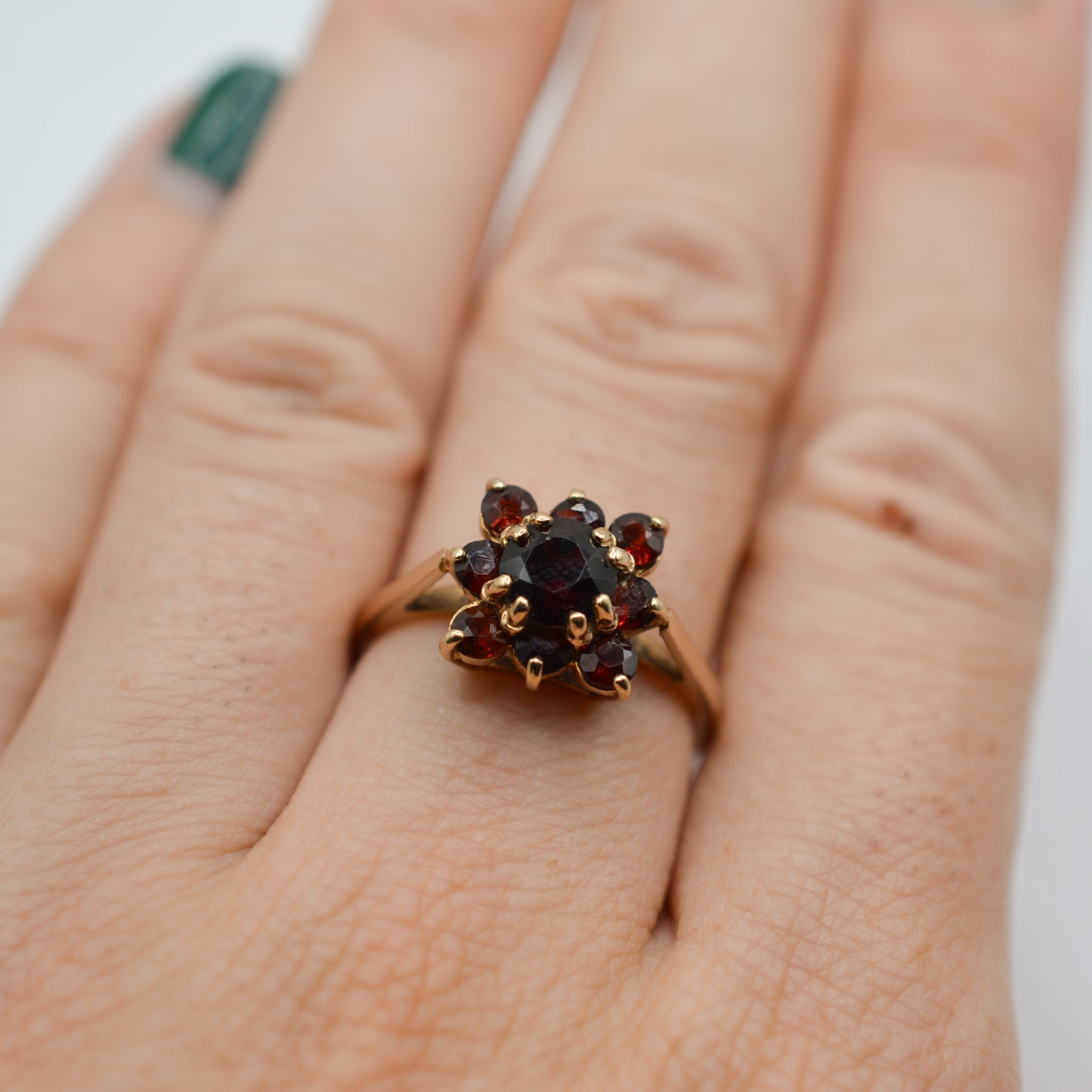 1970s Vintage 9ct Gold Garnet Square Cluster Ring