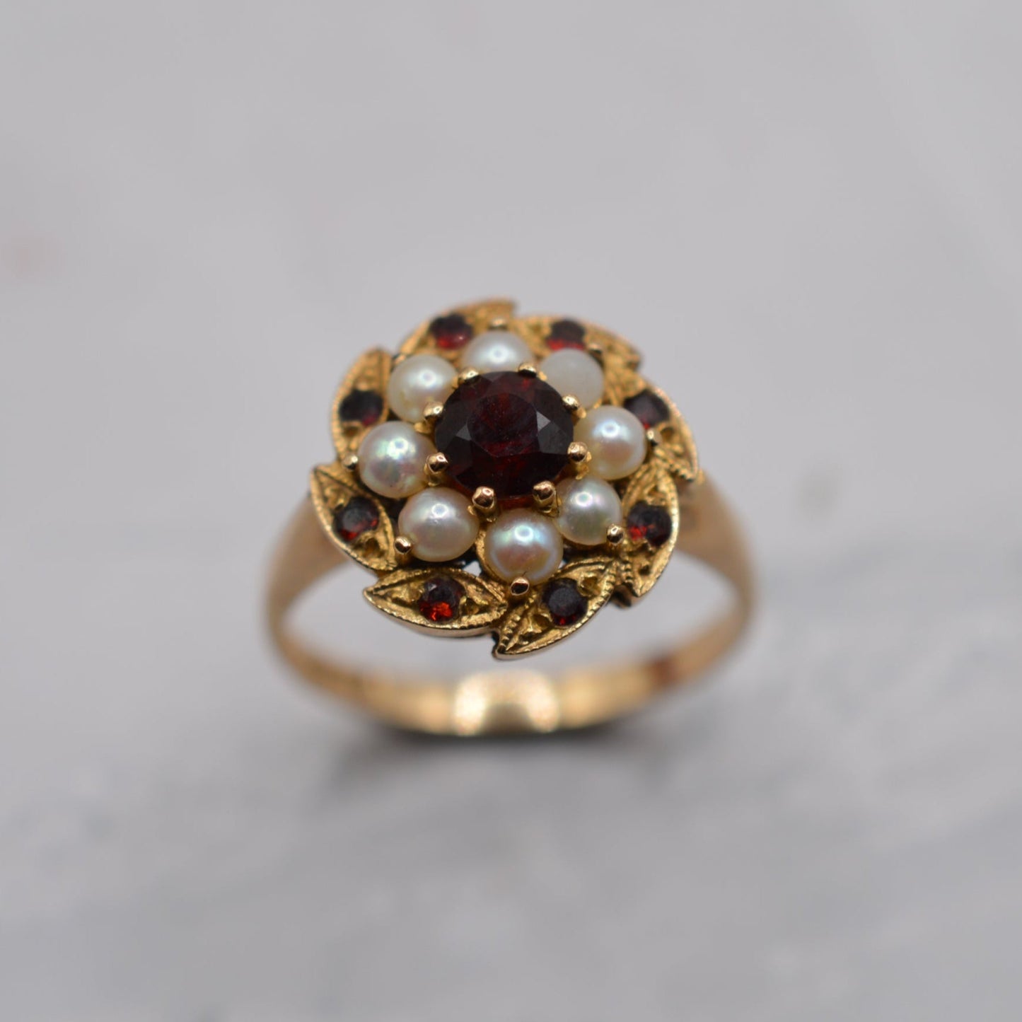 1970s Vintage 9ct Gold Garnet & Pearl Floral Cluster Ring