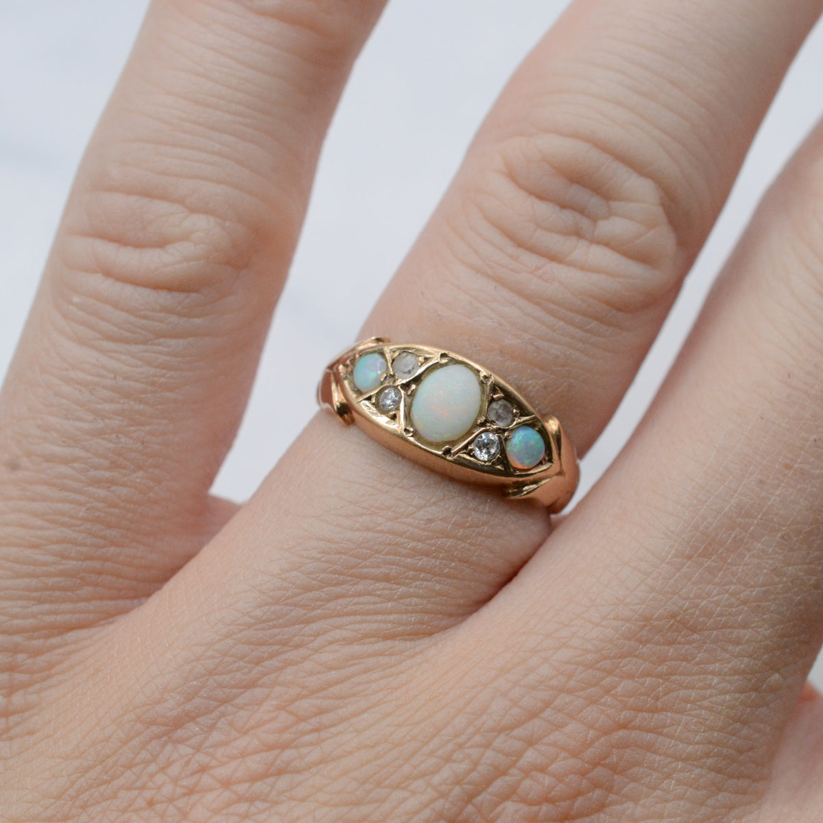 1908 Antique Edwardian 9ct Gold Opal & Paste Seven-Stone Ring