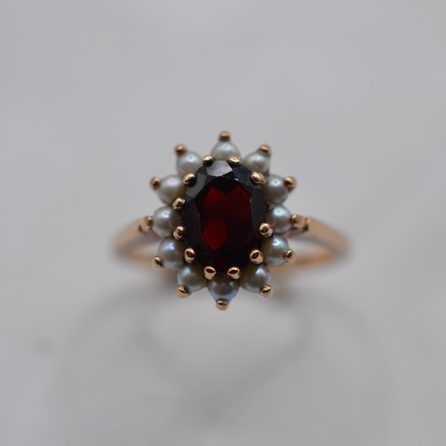 1960s Vintage 9ct Gold Garnet & Pearl Cluster Ring