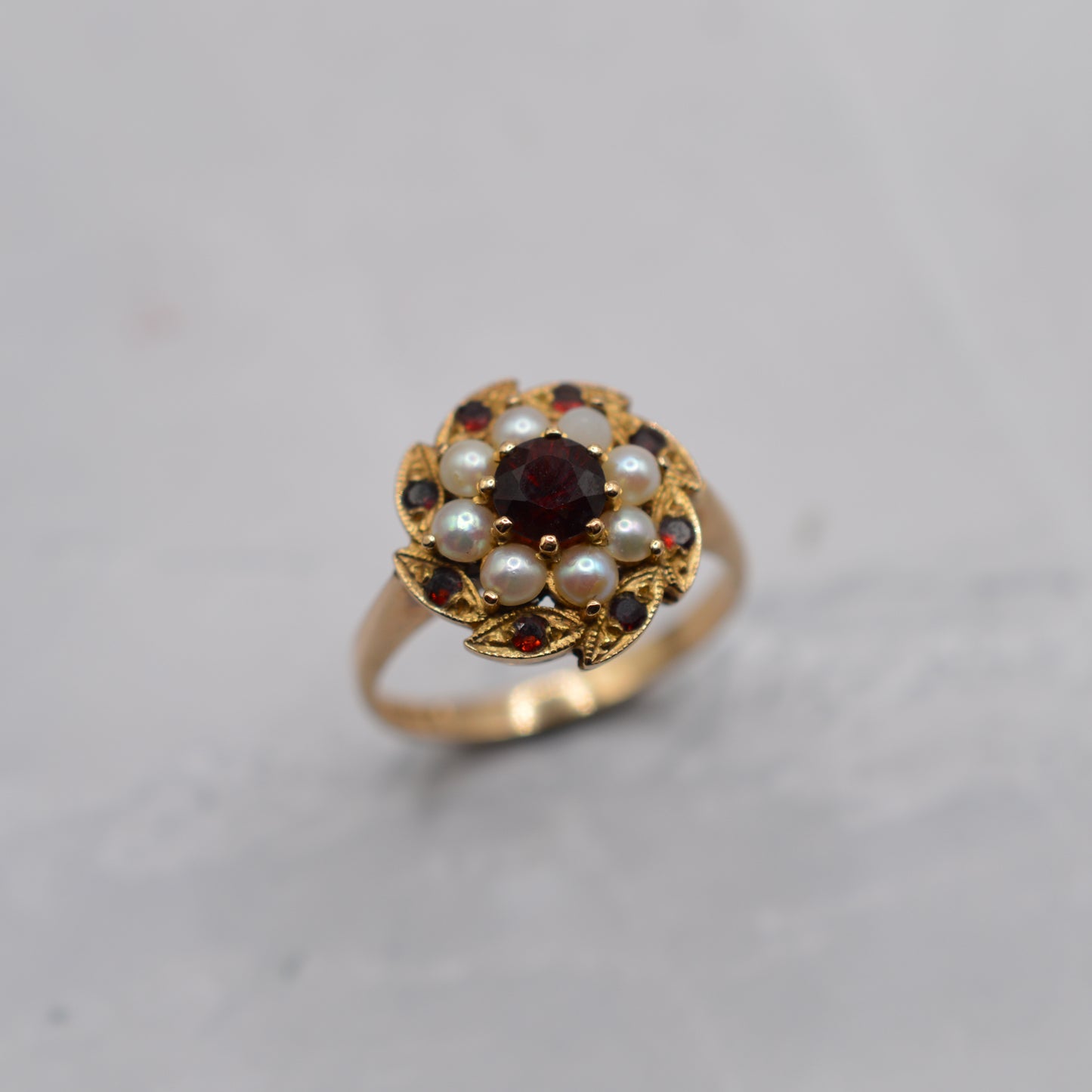 1970s Vintage 9ct Gold Garnet & Pearl Floral Cluster Ring
