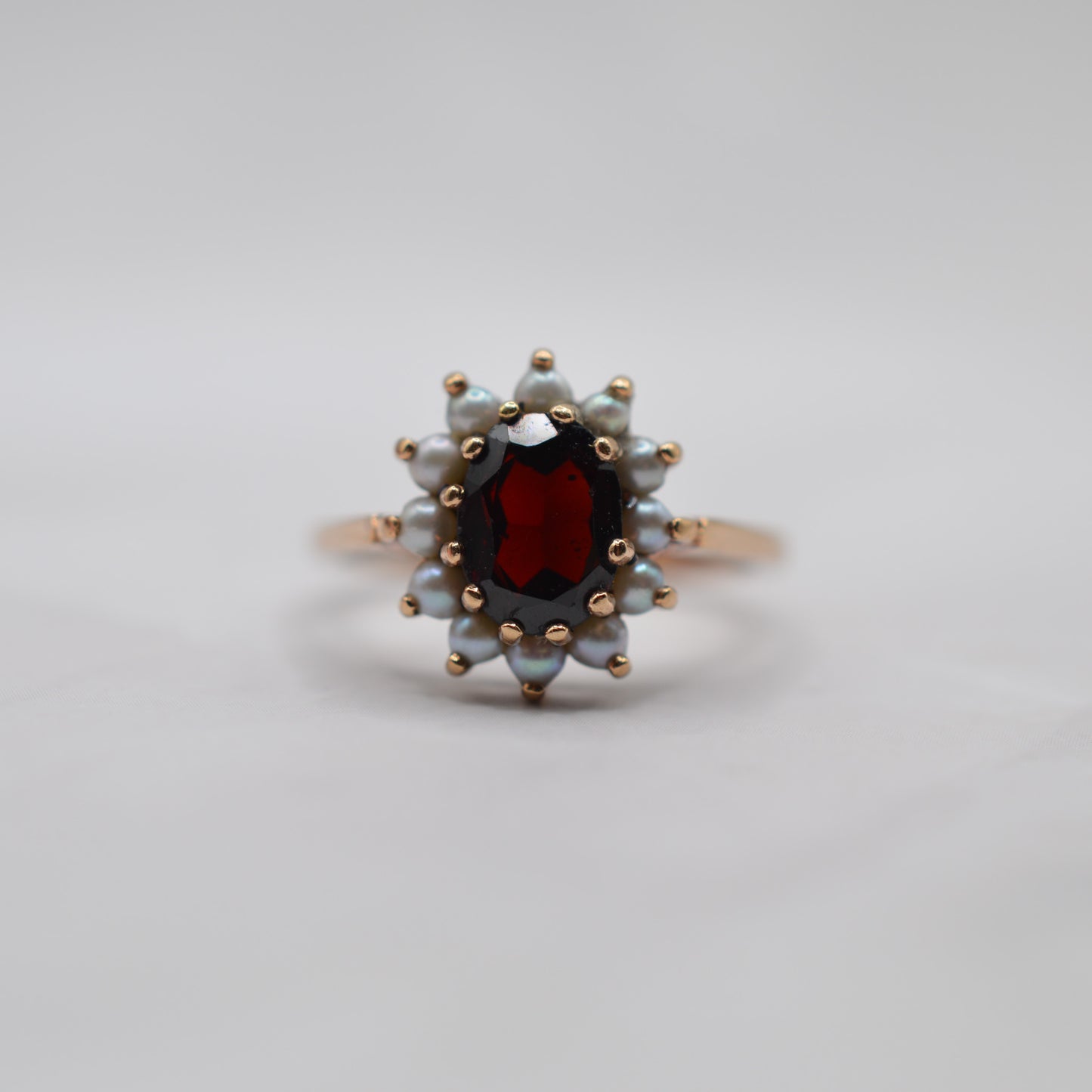 1960s Vintage 9ct Gold Garnet & Pearl Cluster Ring