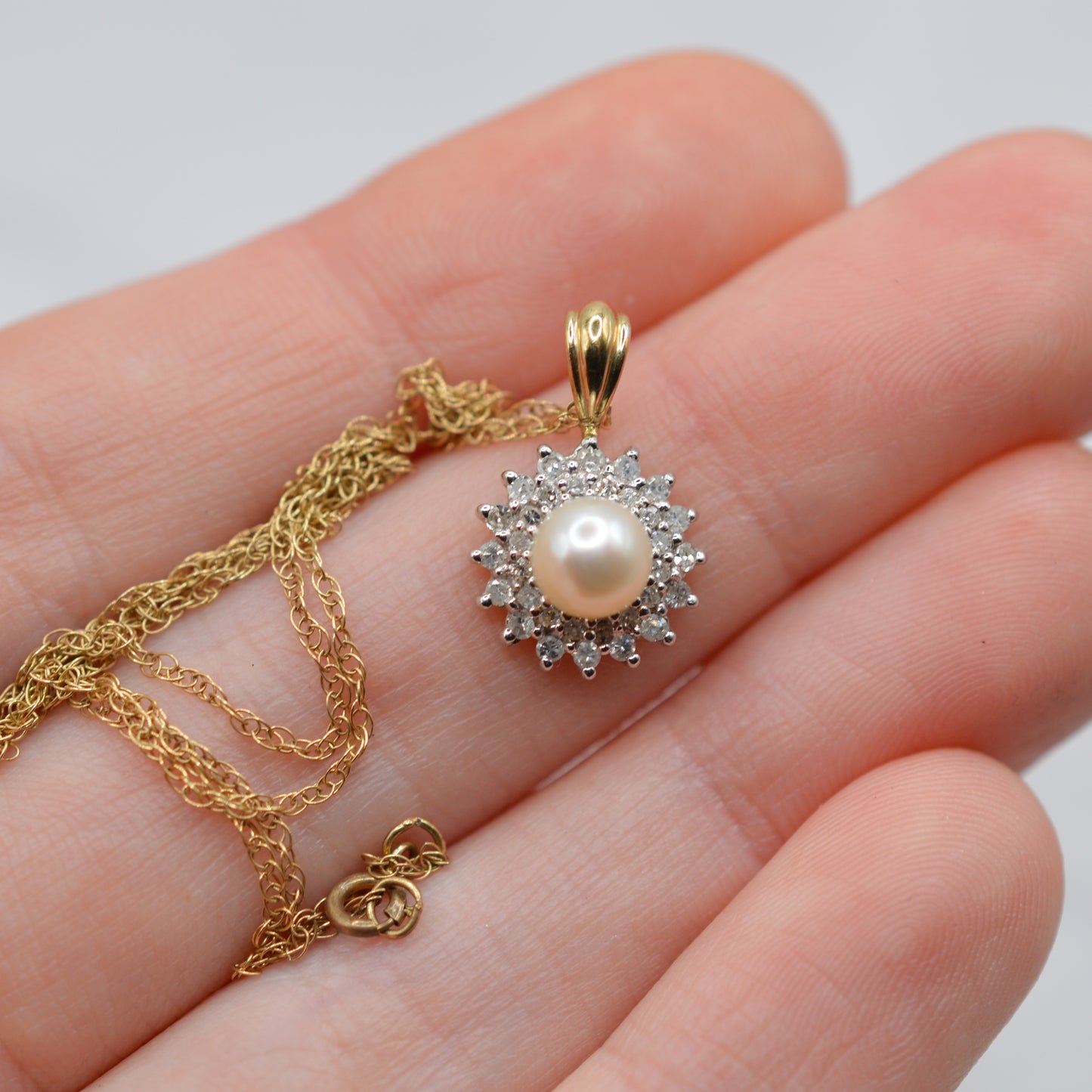9ct Gold Pearl & Diamond Cluster Pendant Necklace (16”)
