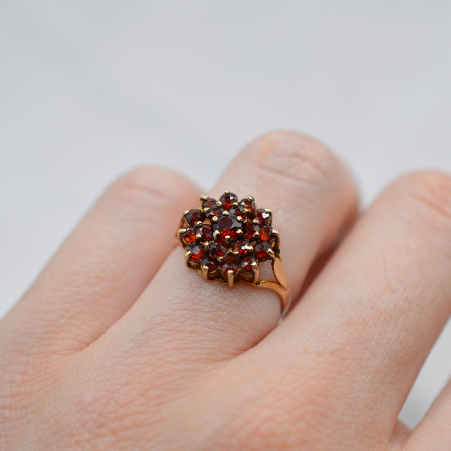 1970s Vintage 9ct Gold Garnet Three-Tier Cluster Ring