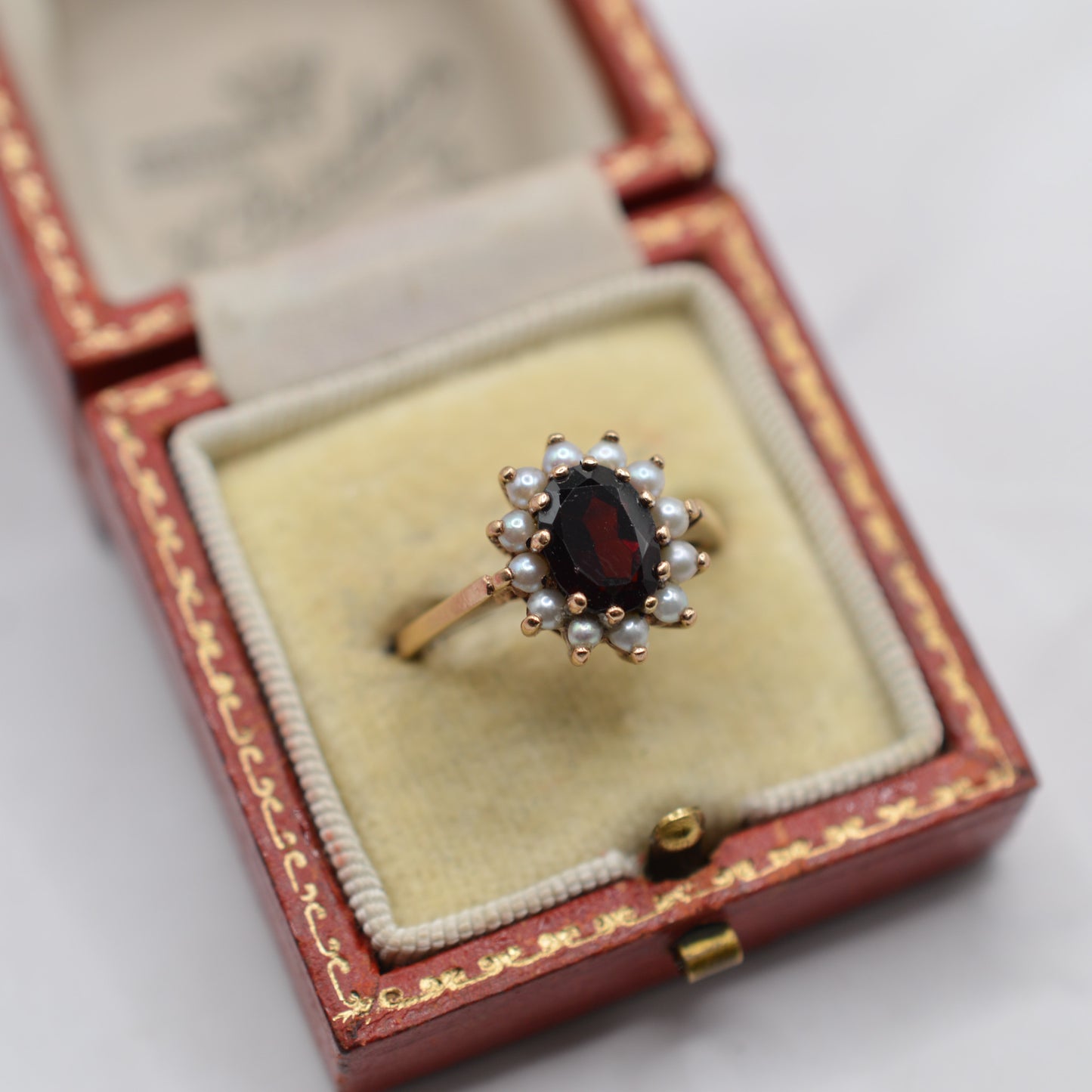 1960s Vintage 9ct Gold Garnet & Pearl Cluster Ring