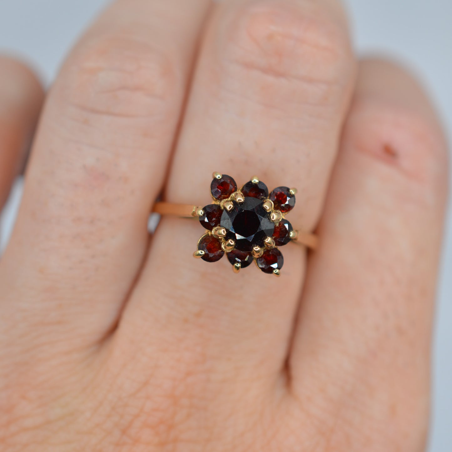 1970s Vintage 9ct Gold Garnet Square Cluster Ring