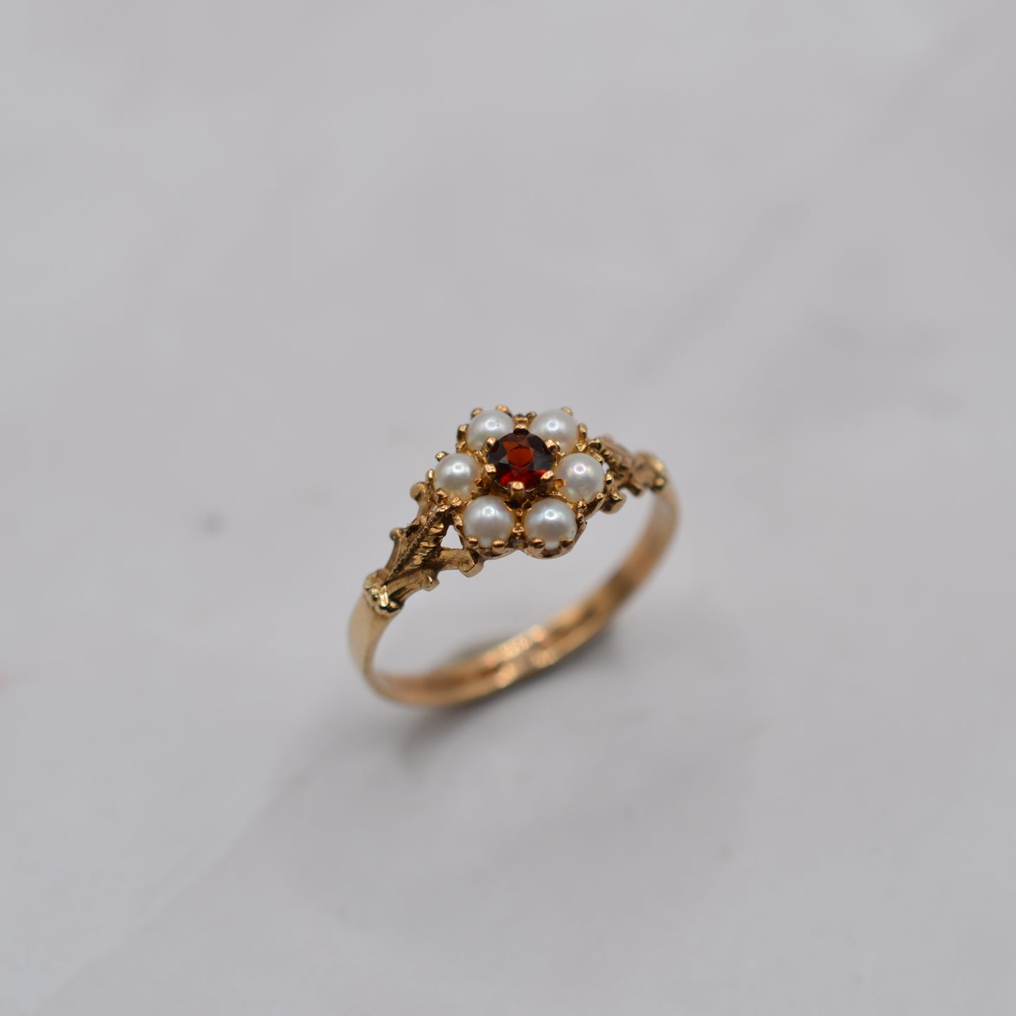 1990s 9ct Gold Pearl & Garnet Floral Cluster Ring