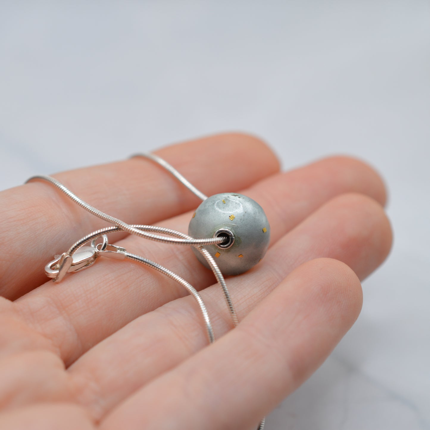 Sterling Silver Enamel & Gold Leaf Bead Necklace (16” Chain)