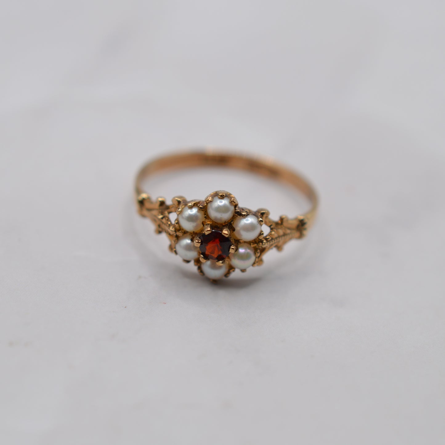 1990s 9ct Gold Pearl & Garnet Floral Cluster Ring