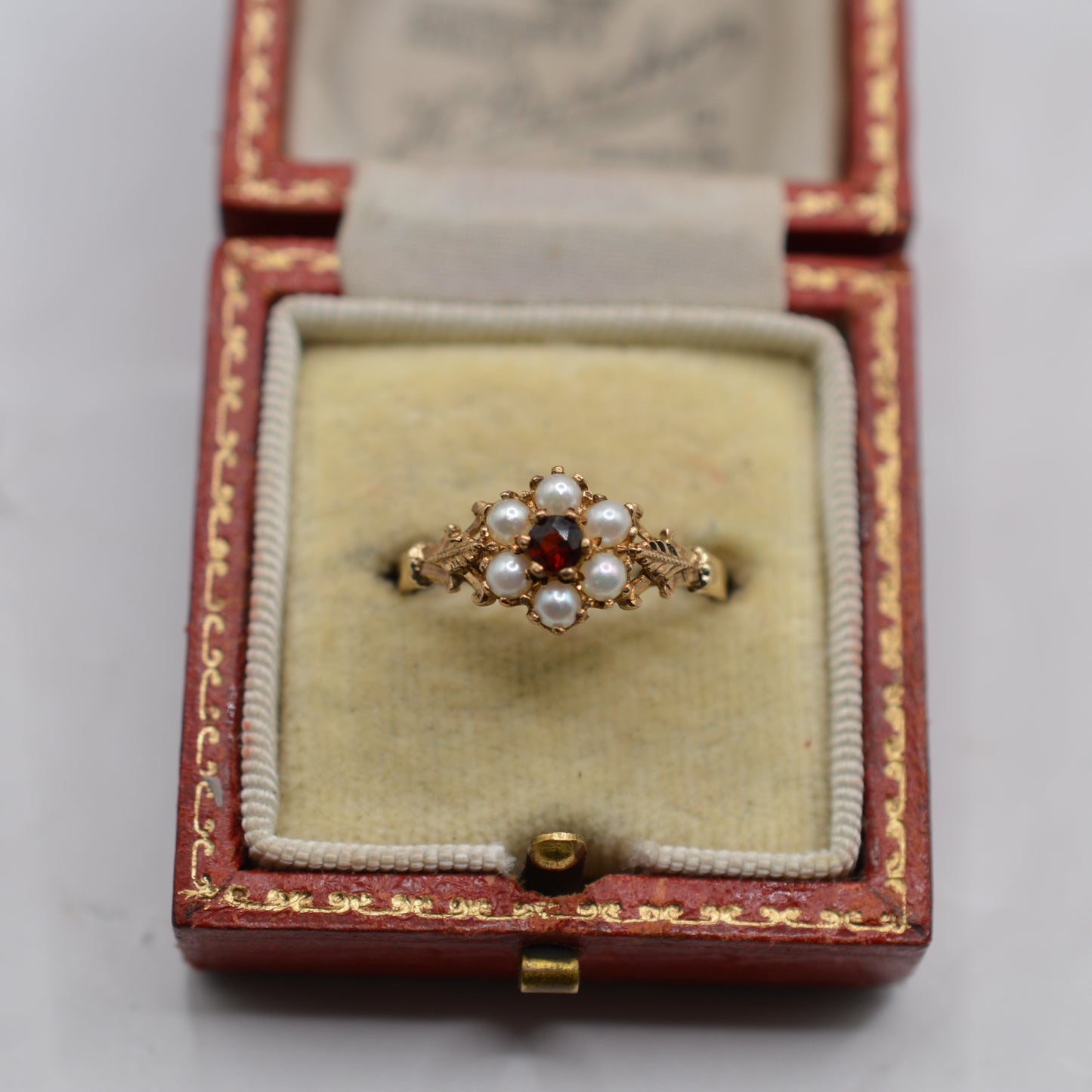 1990s 9ct Gold Pearl & Garnet Floral Cluster Ring