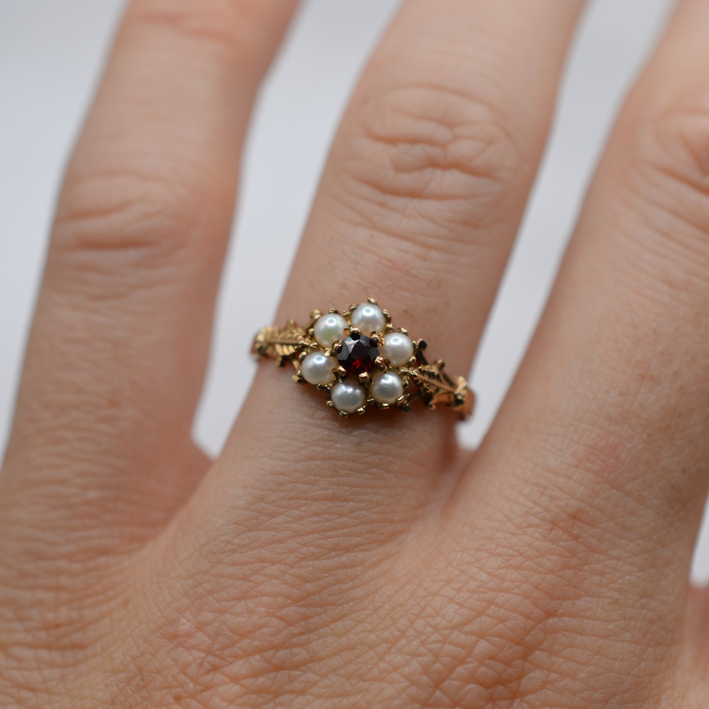 1990s 9ct Gold Pearl & Garnet Floral Cluster Ring