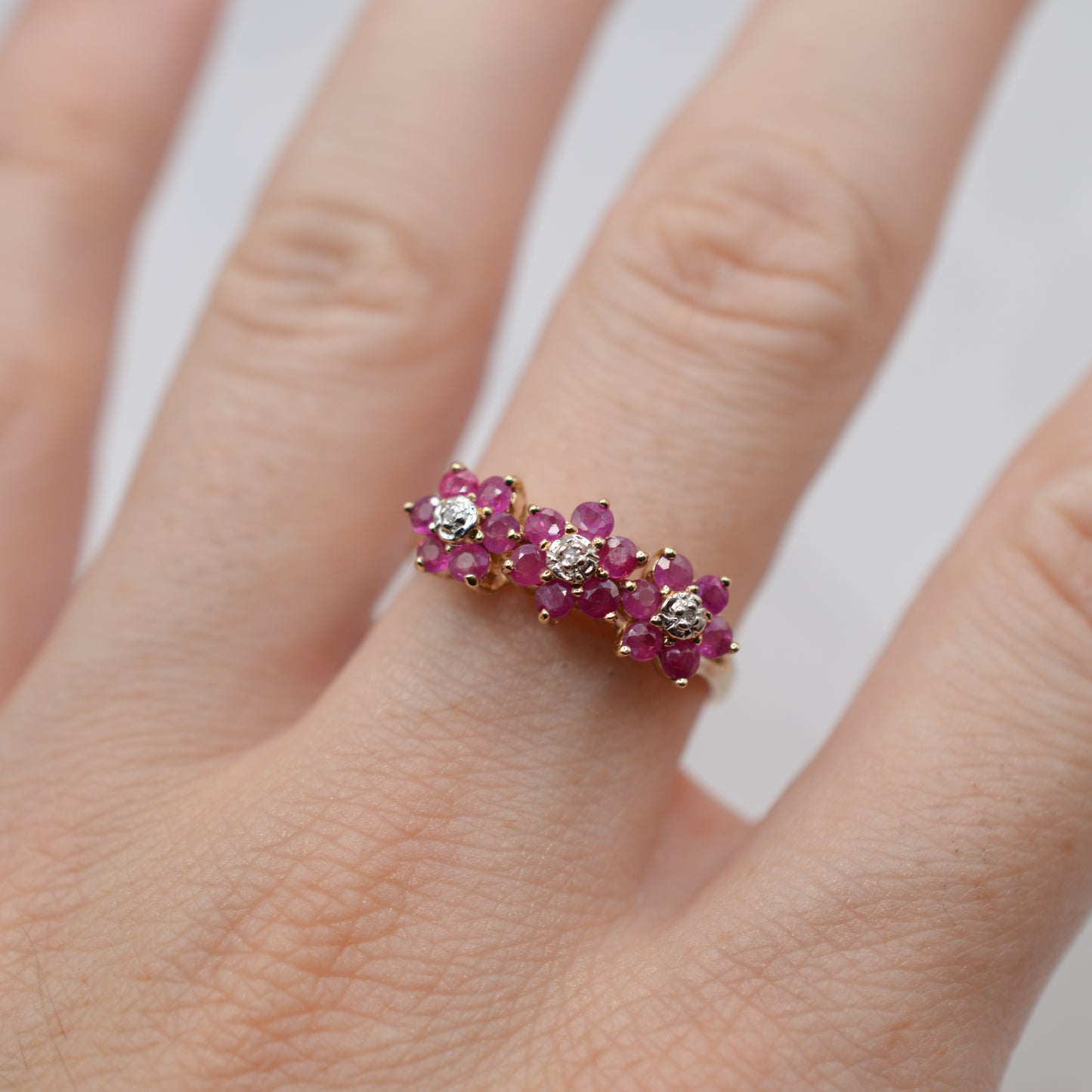 9ct Gold Ruby & Diamond Triple Floral Cluster Ring