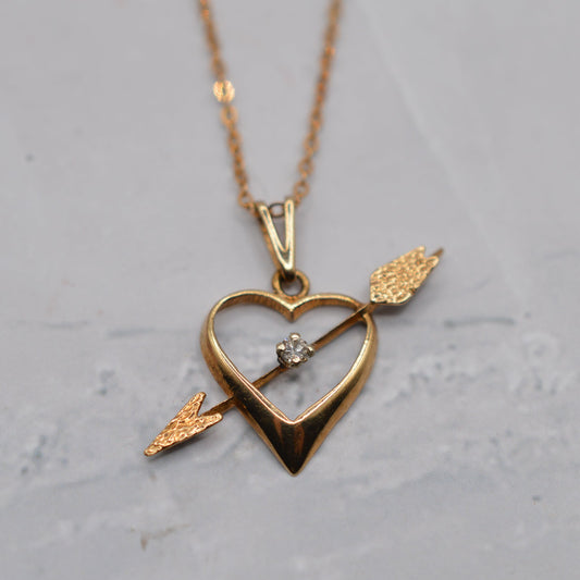 1970s Vintage 9ct Gold Diamond Heart & Arrow Pendant Necklace (18" Chain)