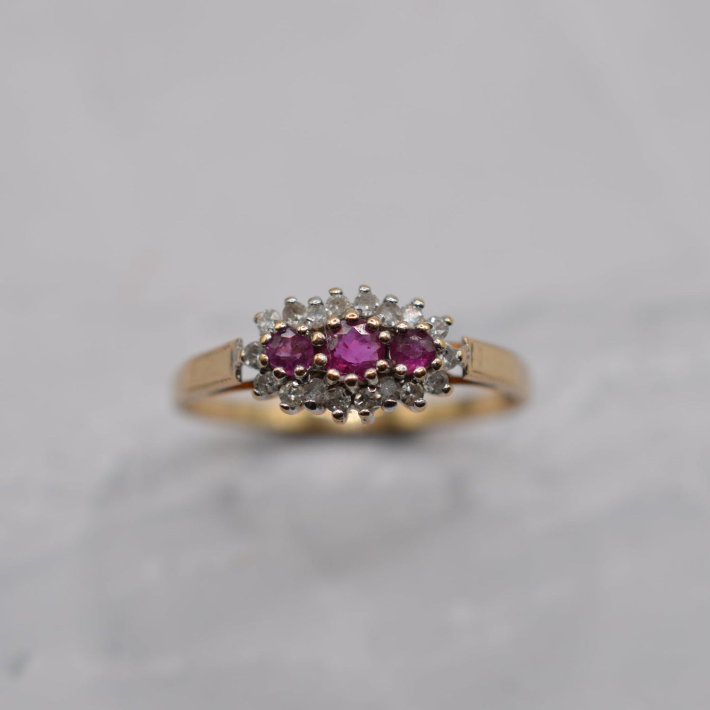 1990s 9ct Gold Ruby & Diamond Triple Halo Ring