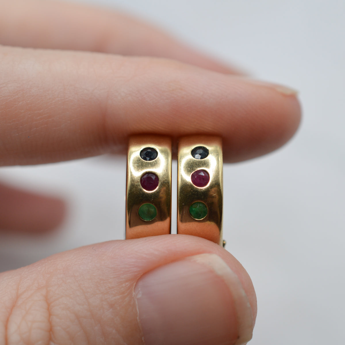 9ct Gold Emerald, Sapphire & Ruby Wide Hoop Earrings
