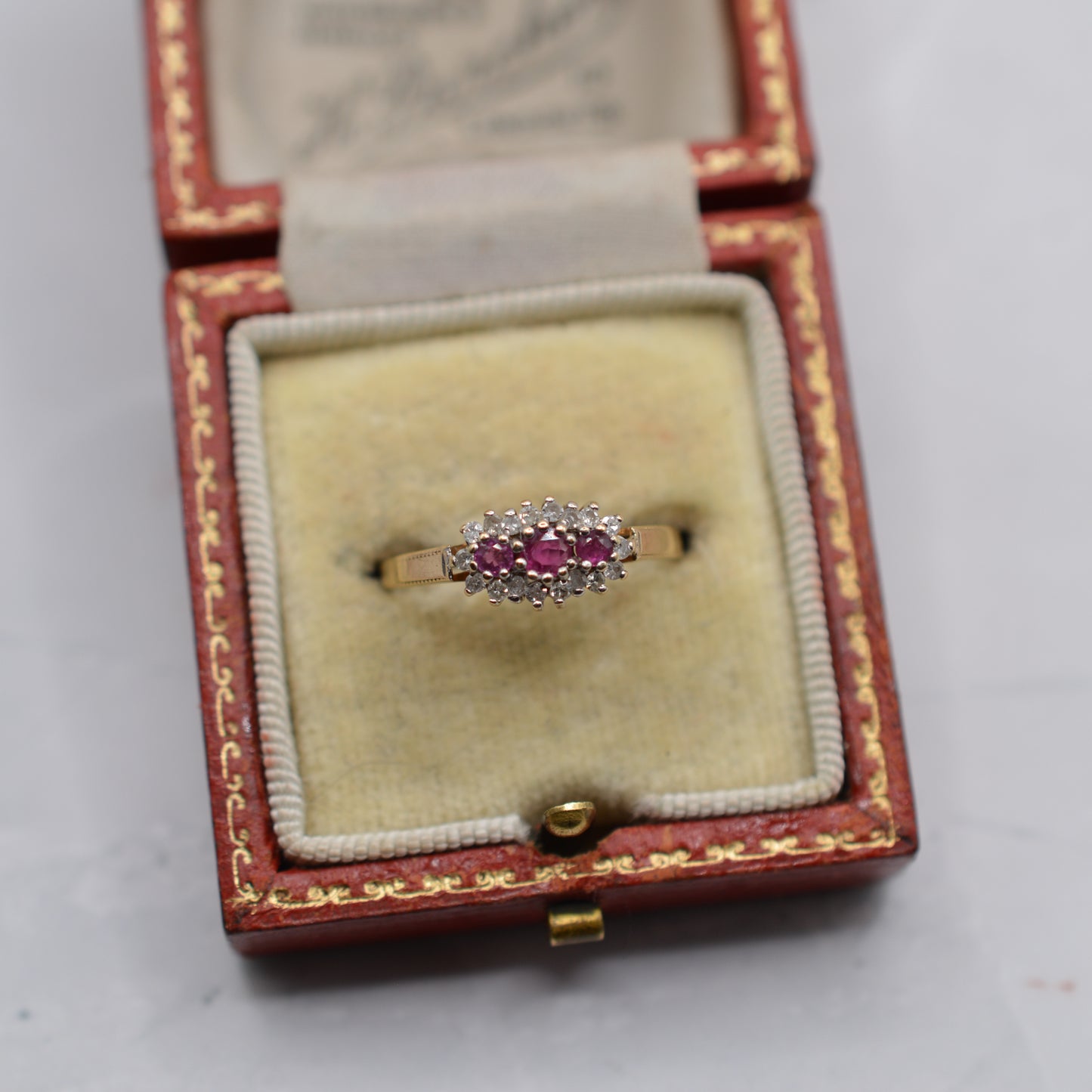 1990s 9ct Gold Ruby & Diamond Triple Halo Ring