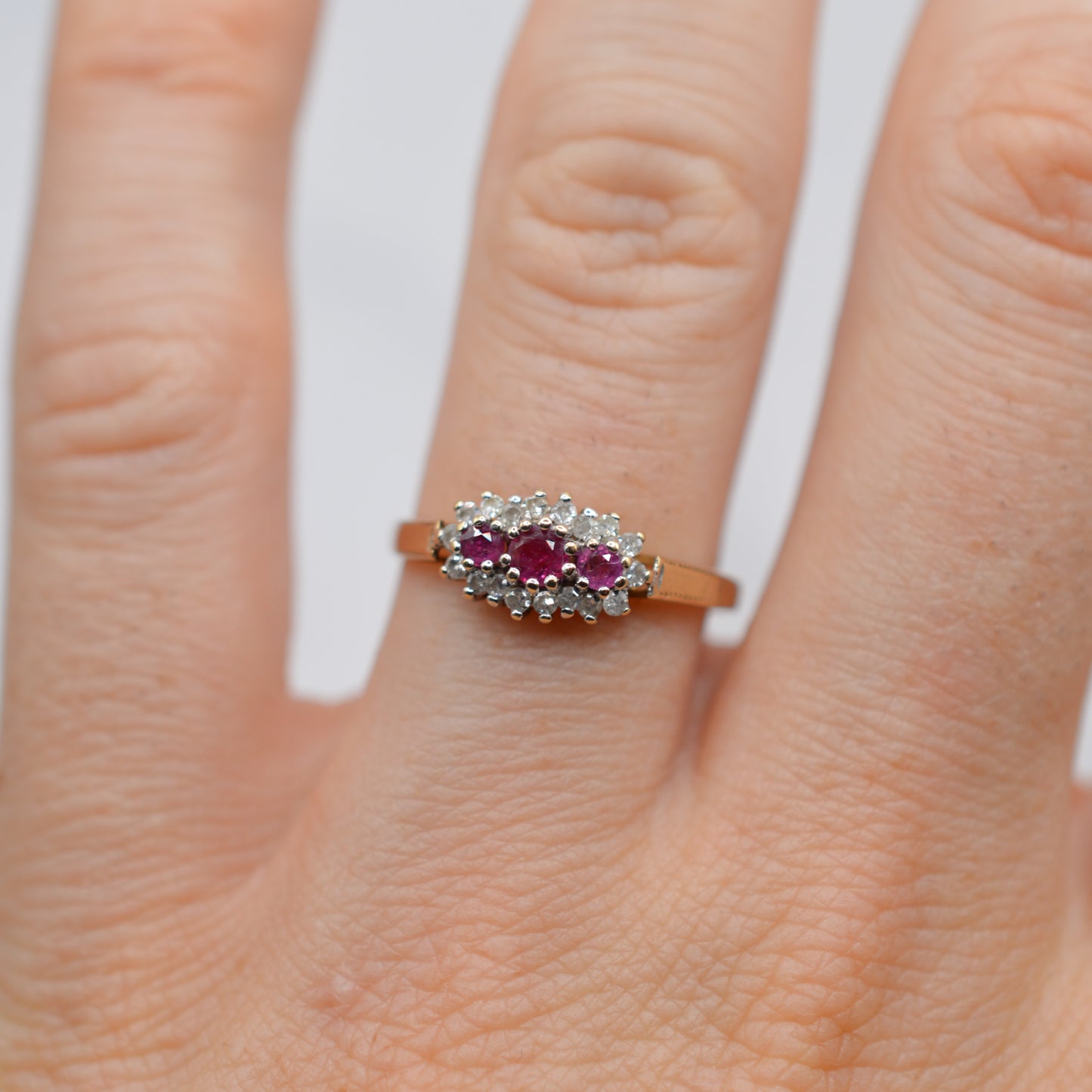 1990s 9ct Gold Ruby & Diamond Triple Halo Ring
