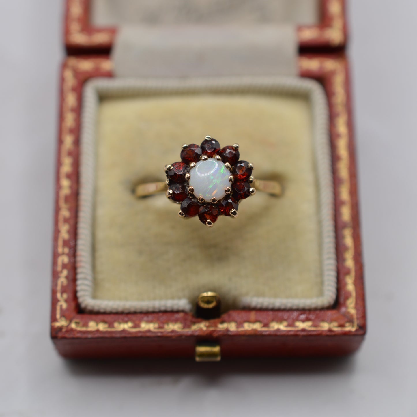 1980s 9ct Gold Opal & Garnet Cluster Ring
