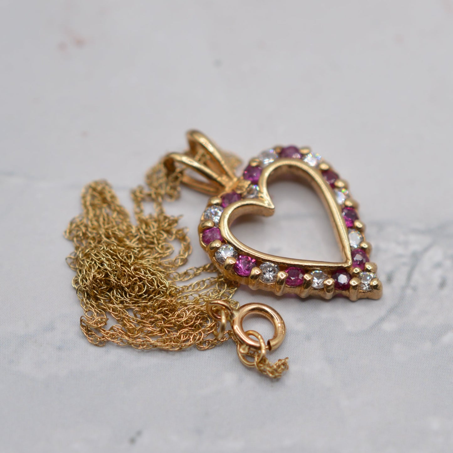 1990s 9ct Gold Ruby & CZ Heart Pendant Necklace