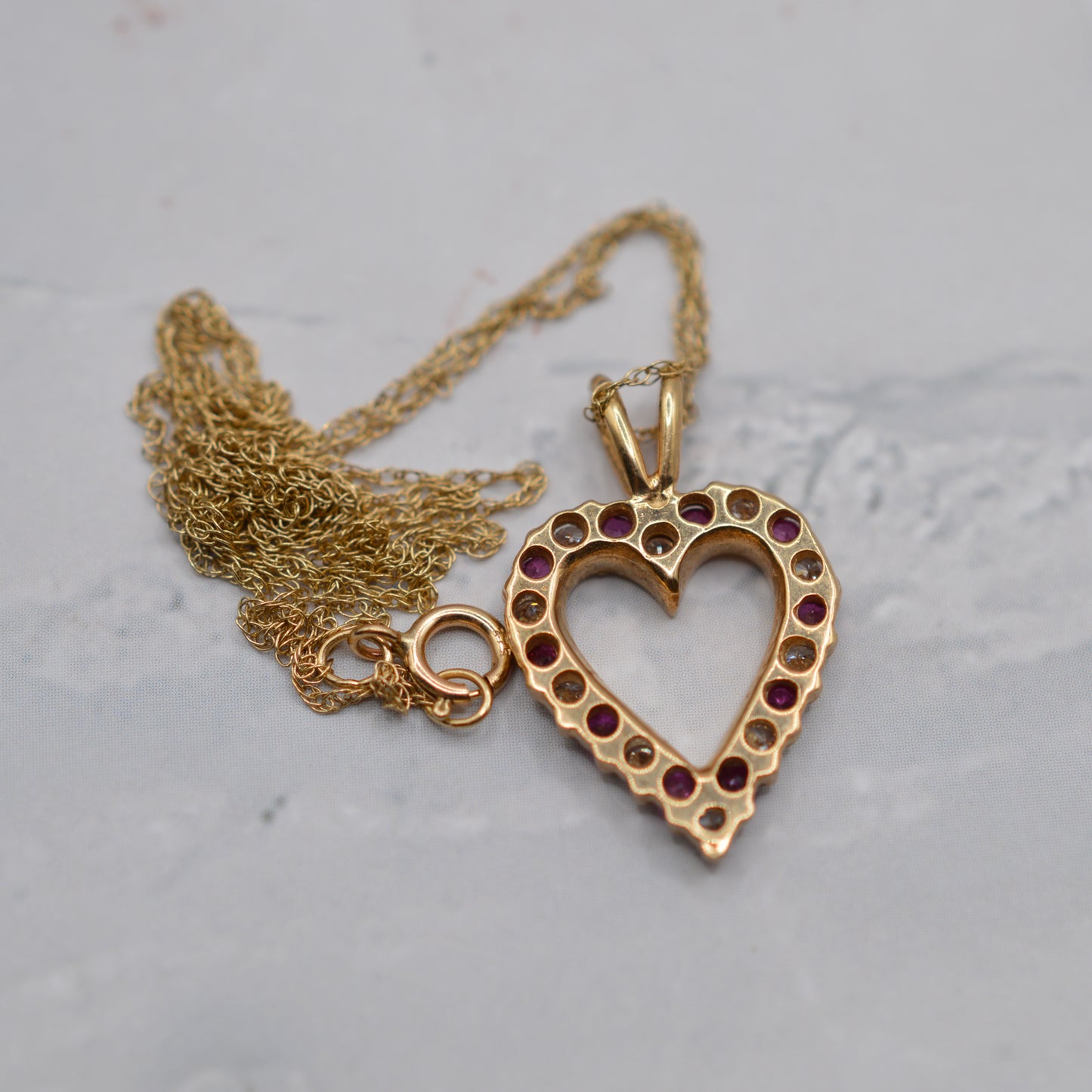 1990s 9ct Gold Ruby & CZ Heart Pendant Necklace