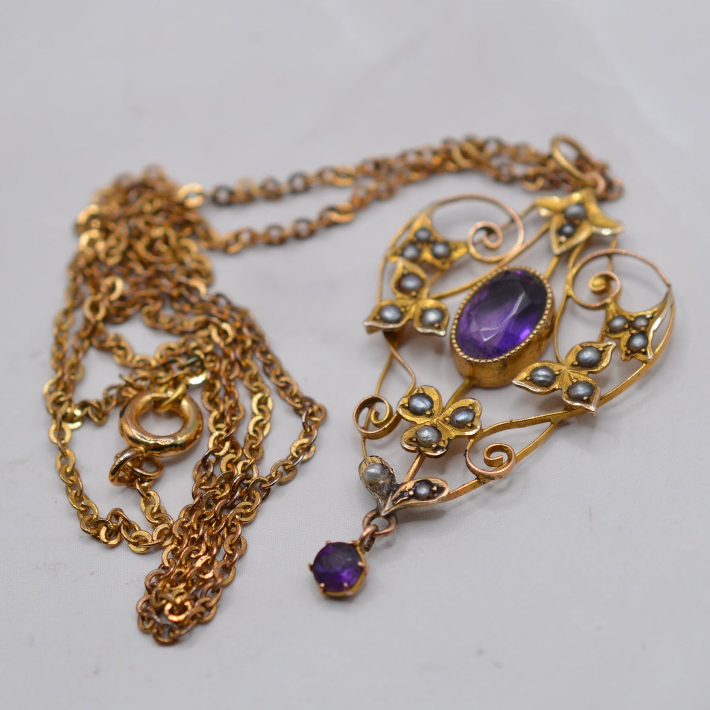 Edwardian Art Nouveau 9ct Gold Amethyst & Seed Pearl Pendant Necklace (18" Chain)