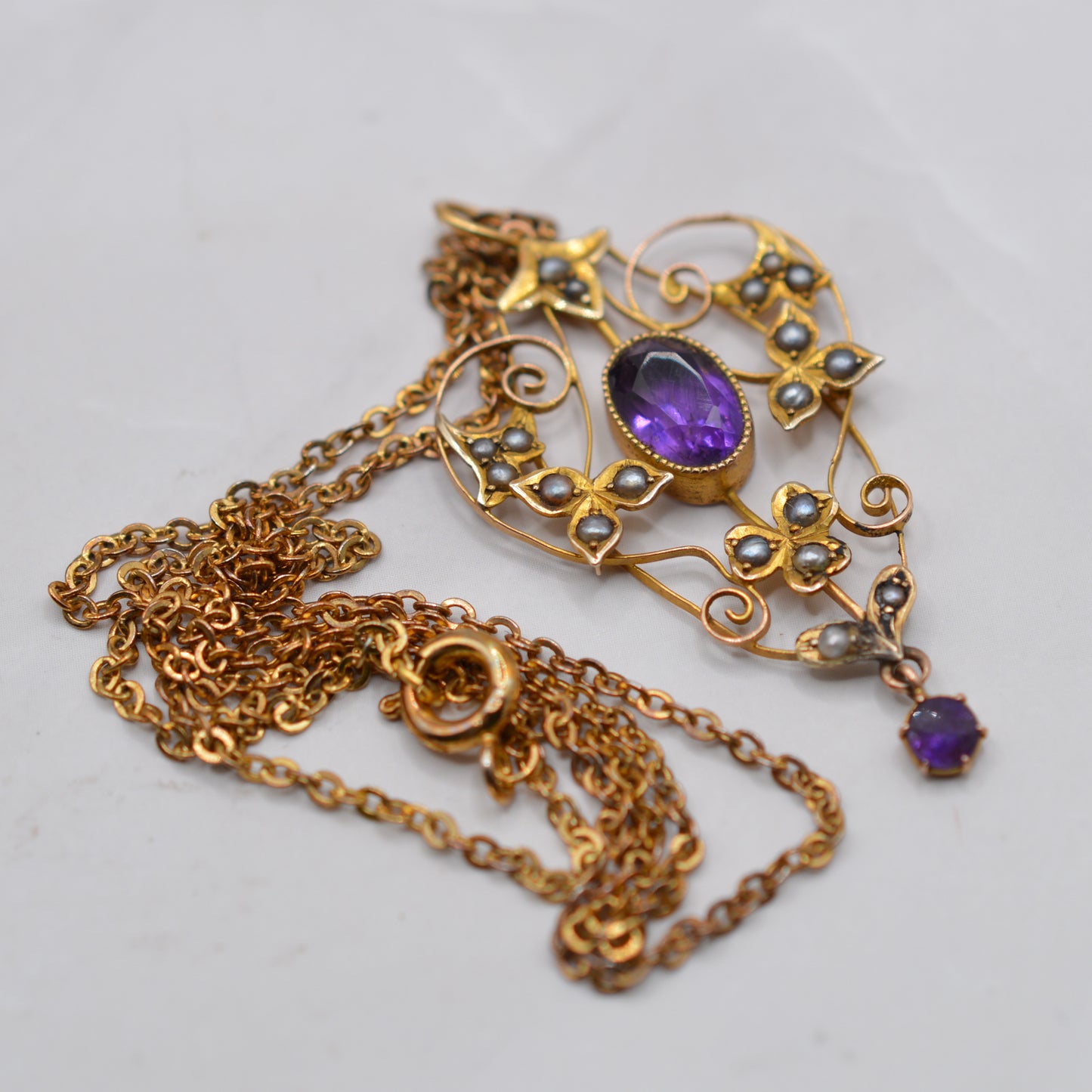 Edwardian Art Nouveau 9ct Gold Amethyst & Seed Pearl Pendant Necklace (18" Chain)