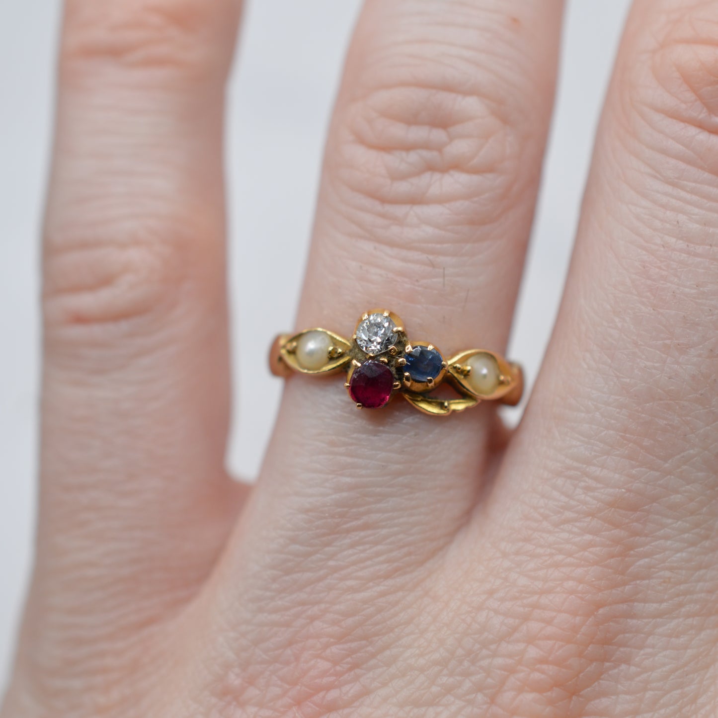 1876 Antique Victorian 18ct Gold Ruby, Sapphire, Diamond & Pearl Ring