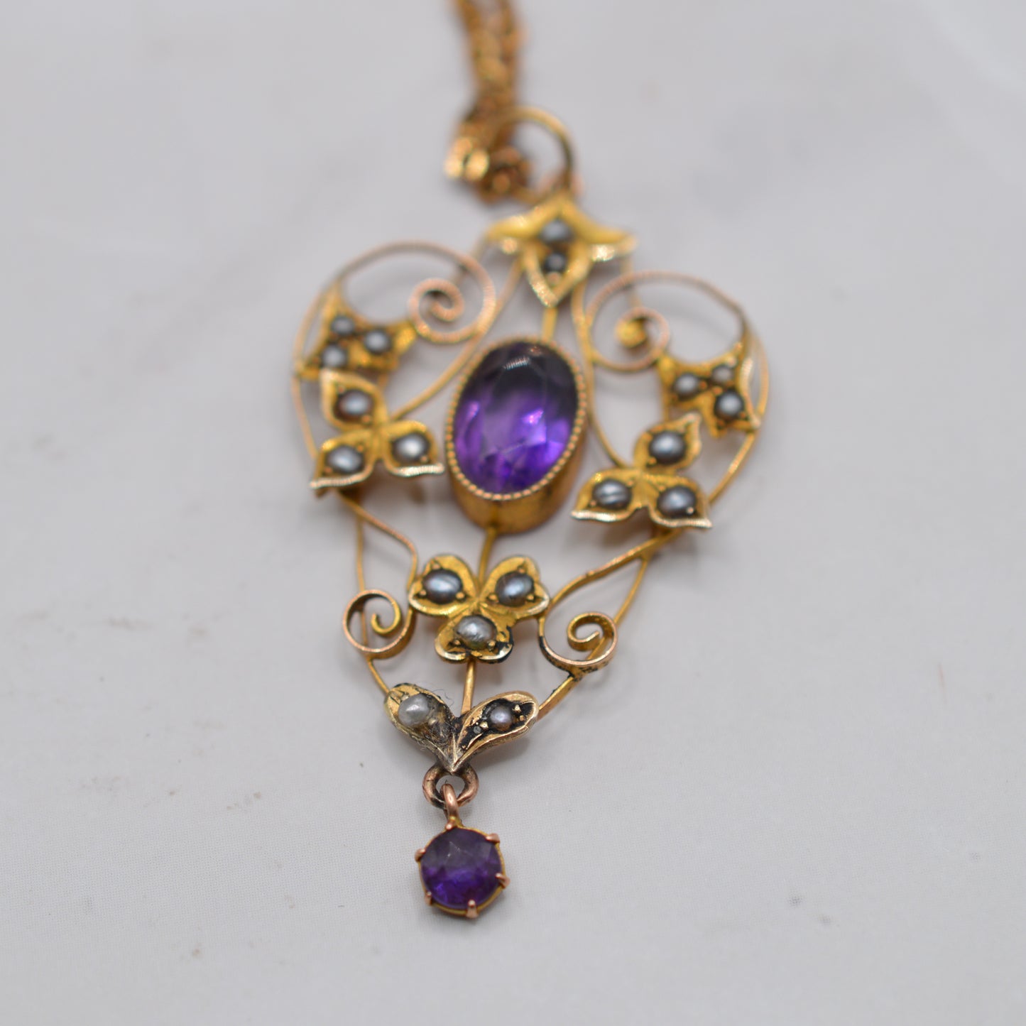 Edwardian Art Nouveau 9ct Gold Amethyst & Seed Pearl Pendant Necklace (18" Chain)