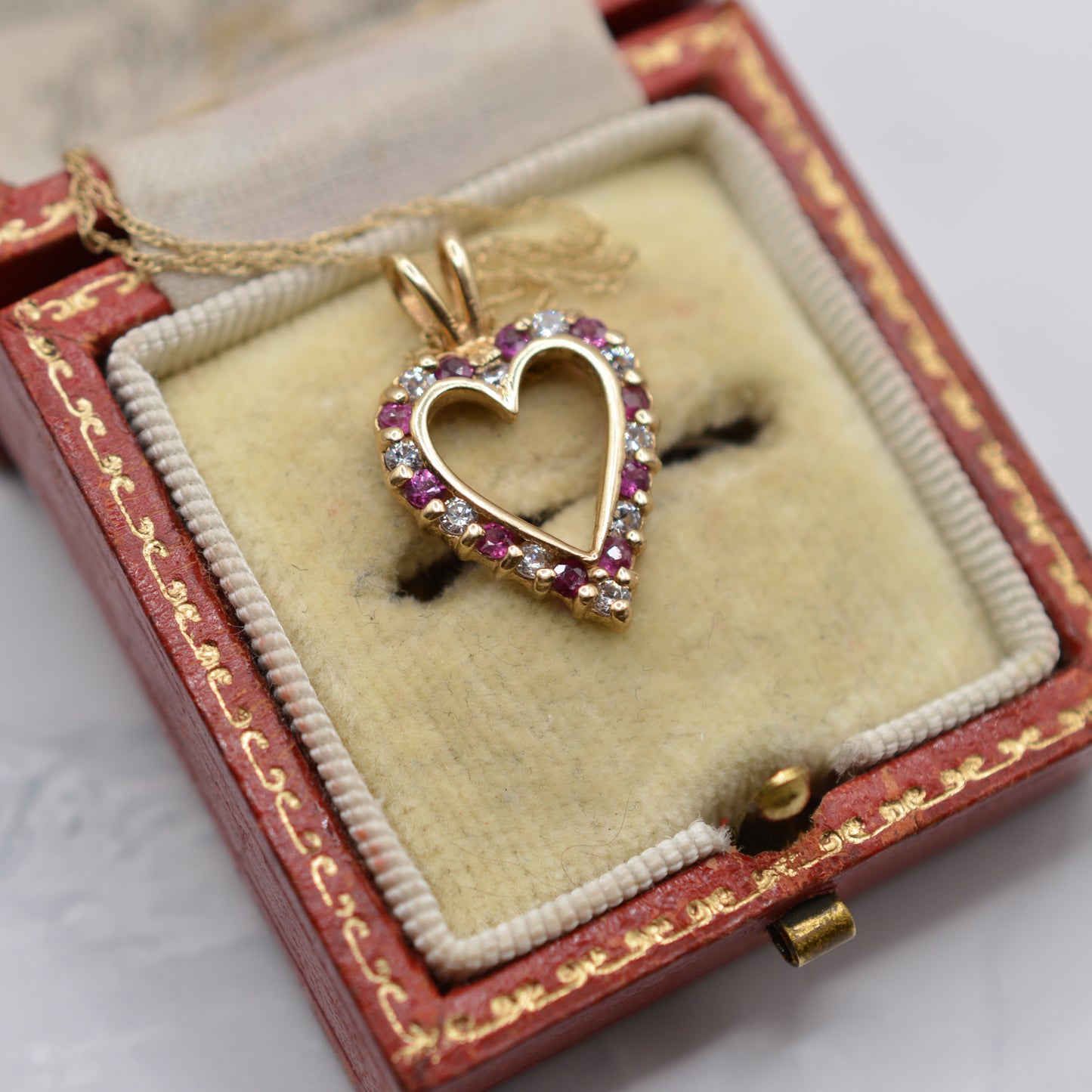 1990s 9ct Gold Ruby & CZ Heart Pendant Necklace