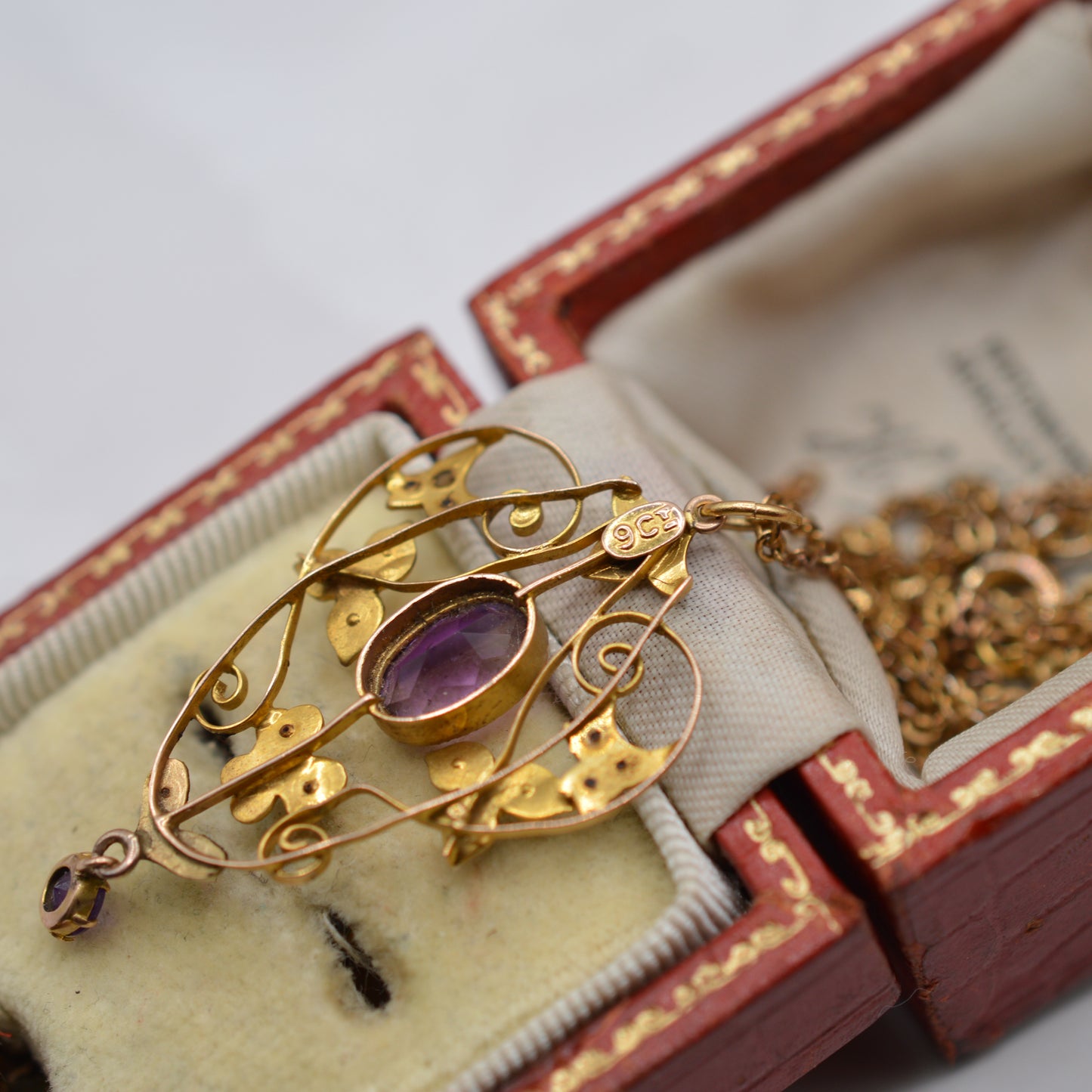Edwardian Art Nouveau 9ct Gold Amethyst & Seed Pearl Pendant Necklace (18" Chain)