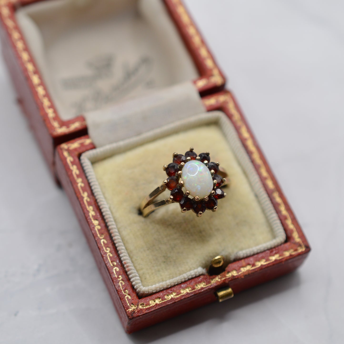 1970s Vintage 9ct Gold Opal & Garnet Cluster Ring