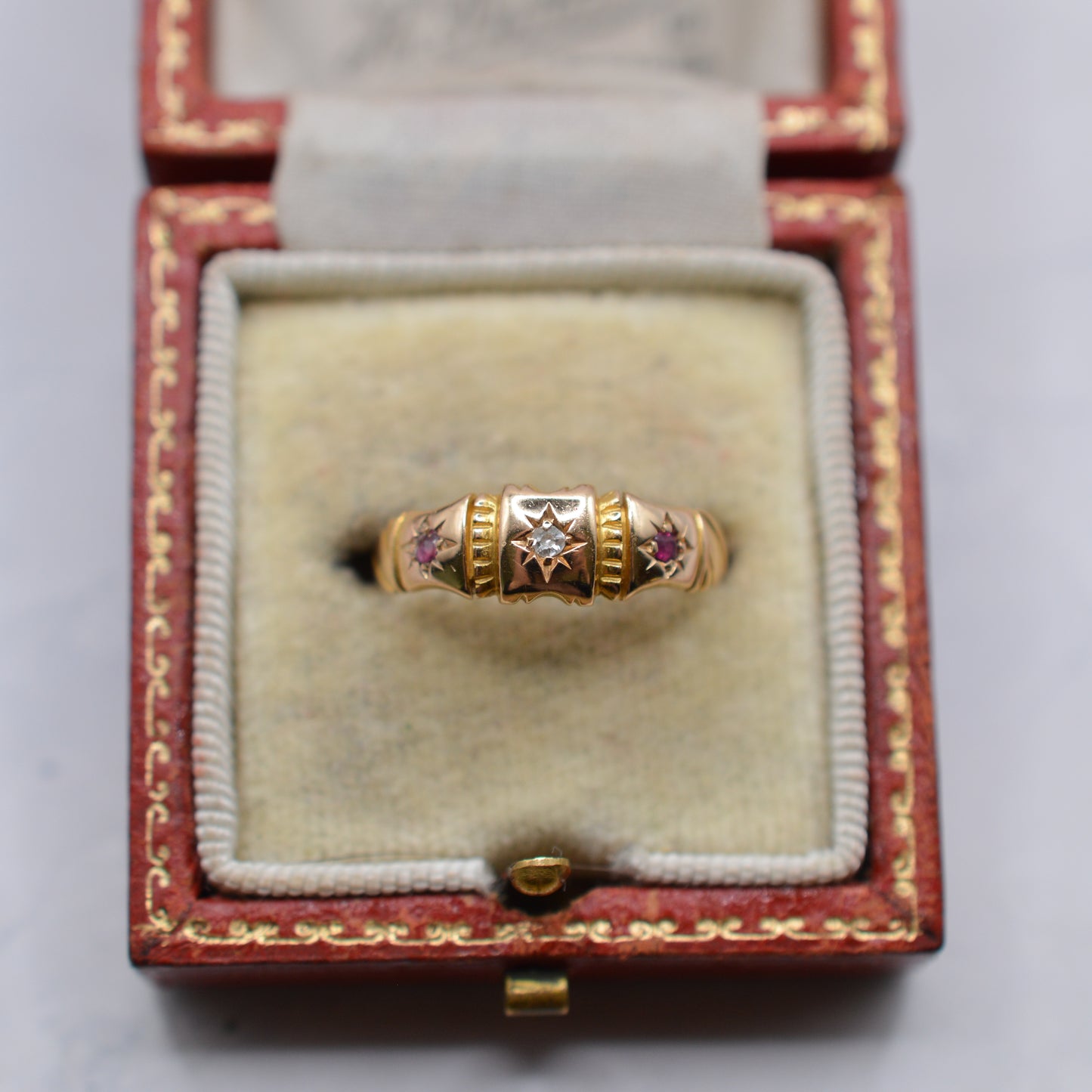 Antique 1894 Victorian 15ct Gold Ruby & Diamond Trilogy Ring