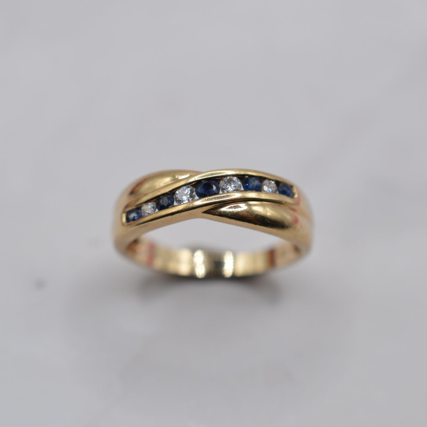Vintage 9ct Gold Sapphire & C/Z Crossover Ring